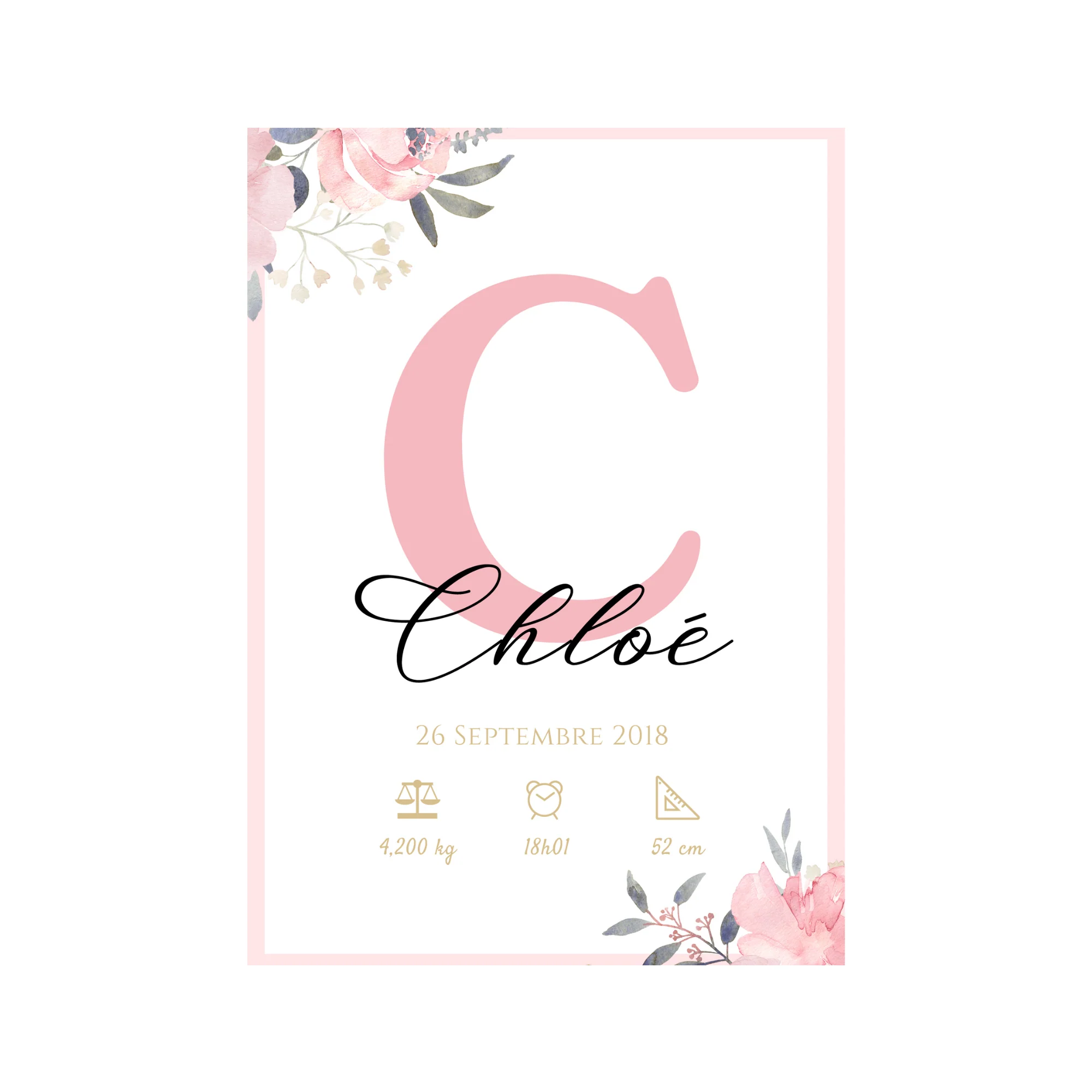 Affiche de naissance personnalisée prénom initiale rose - Cadeau de naissance personnalisé par Le Temps des Paillettes – Image 2