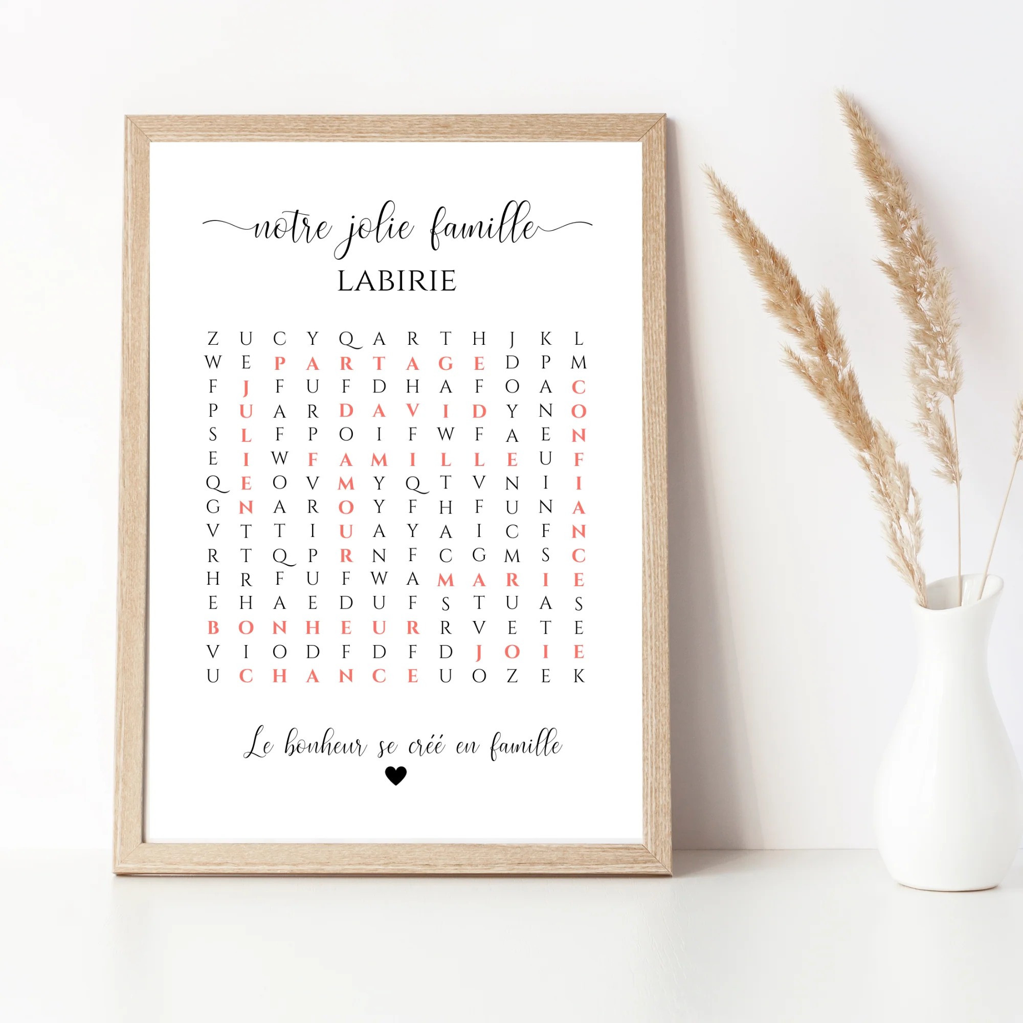 Affiche famille mot mêlés - Cadre personnalisé mots croisés famille et couple - Cadeau de noël personnalisé par Le Temps des Paillettes