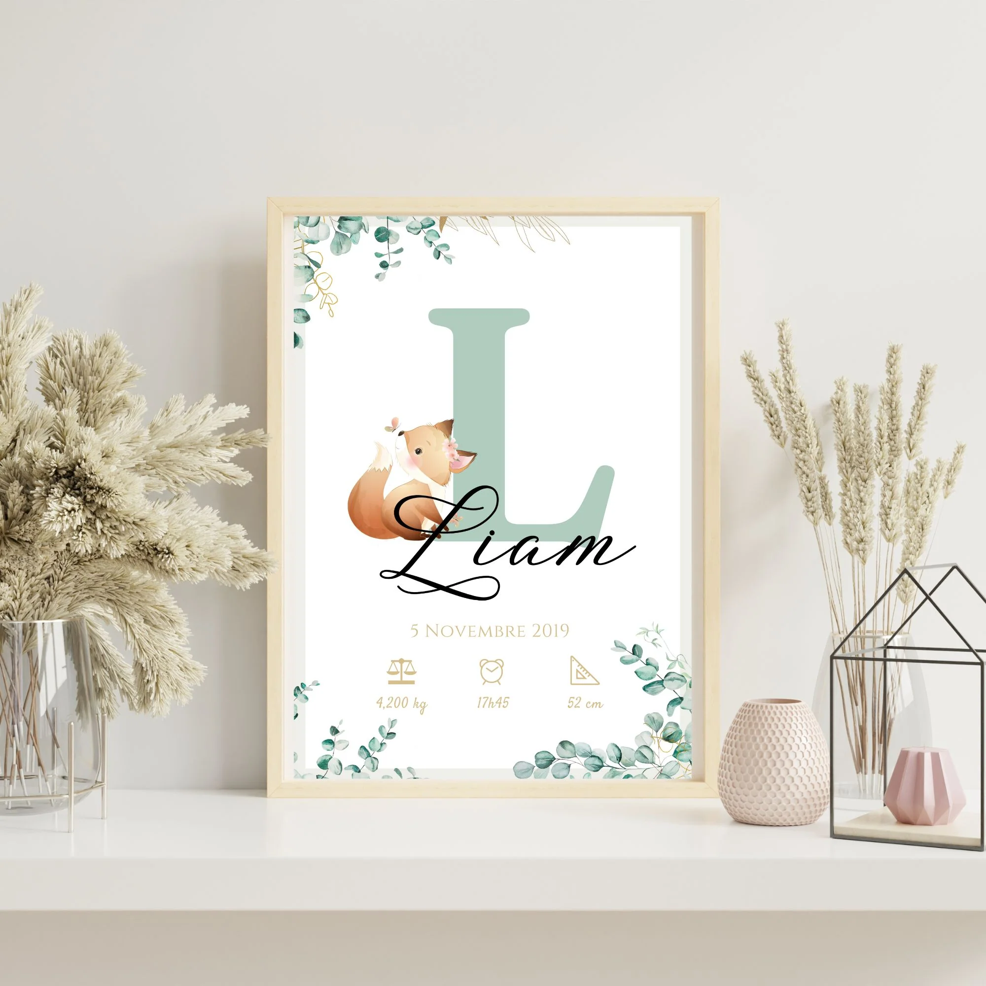 Affiche de naissance personnalisée prénom initiale eucalyptus et renard - Cadeau de naissance personnalisé par Le Temps des Paillettes
