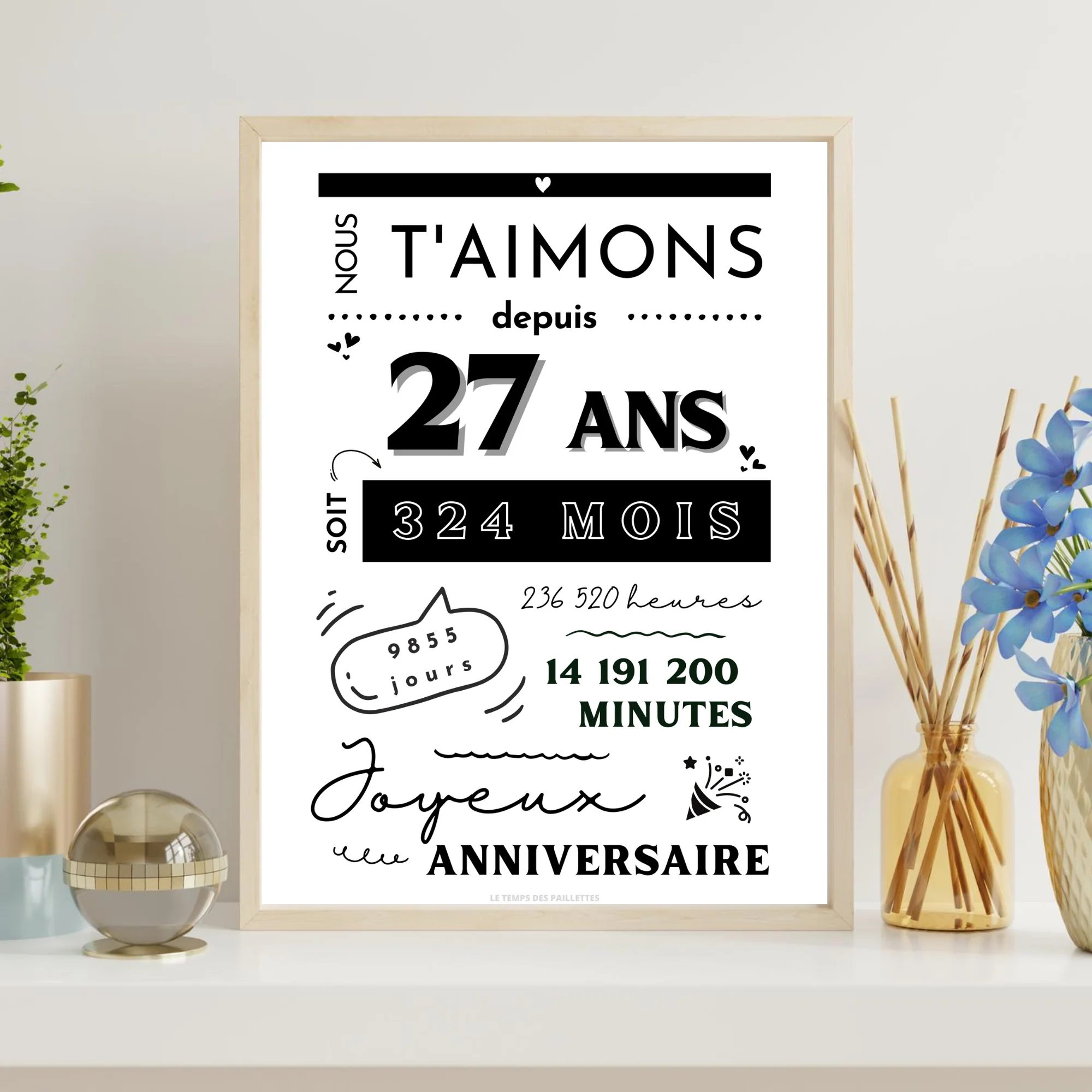 Affiche 27 ans - Carte 27ème anniversaire - Décoration de fête d'anniversaire par le Temps des Paillettes