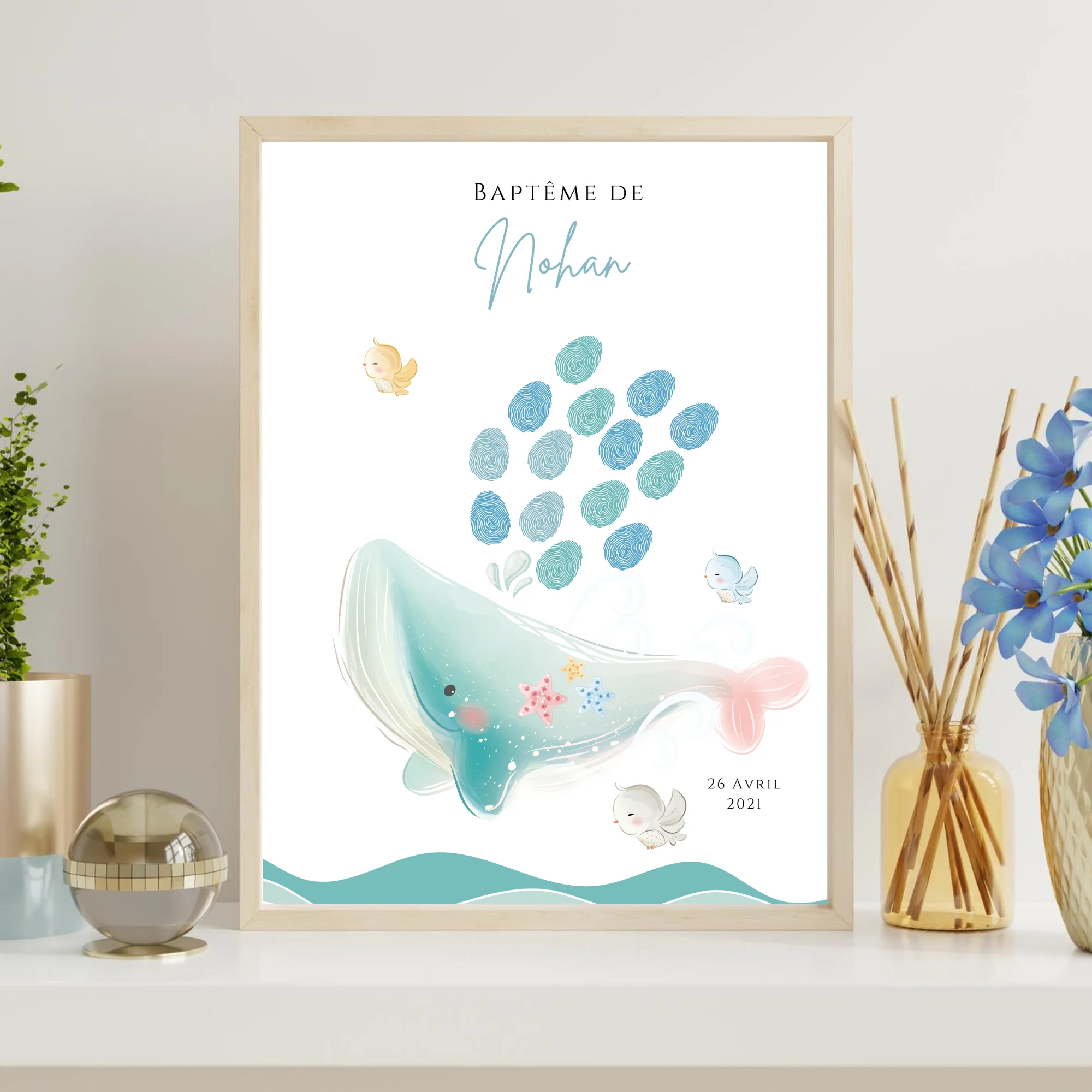 Affiche arbre à empreintes baleine - Déco anniversaire baptême personnalisée garçon bleu par le Temps des Paillettes