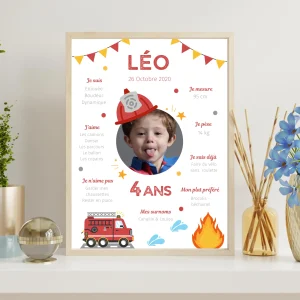 Affiche d'anniversaire personnalisée sur le thème Pompier - Cadeau Unique et Original