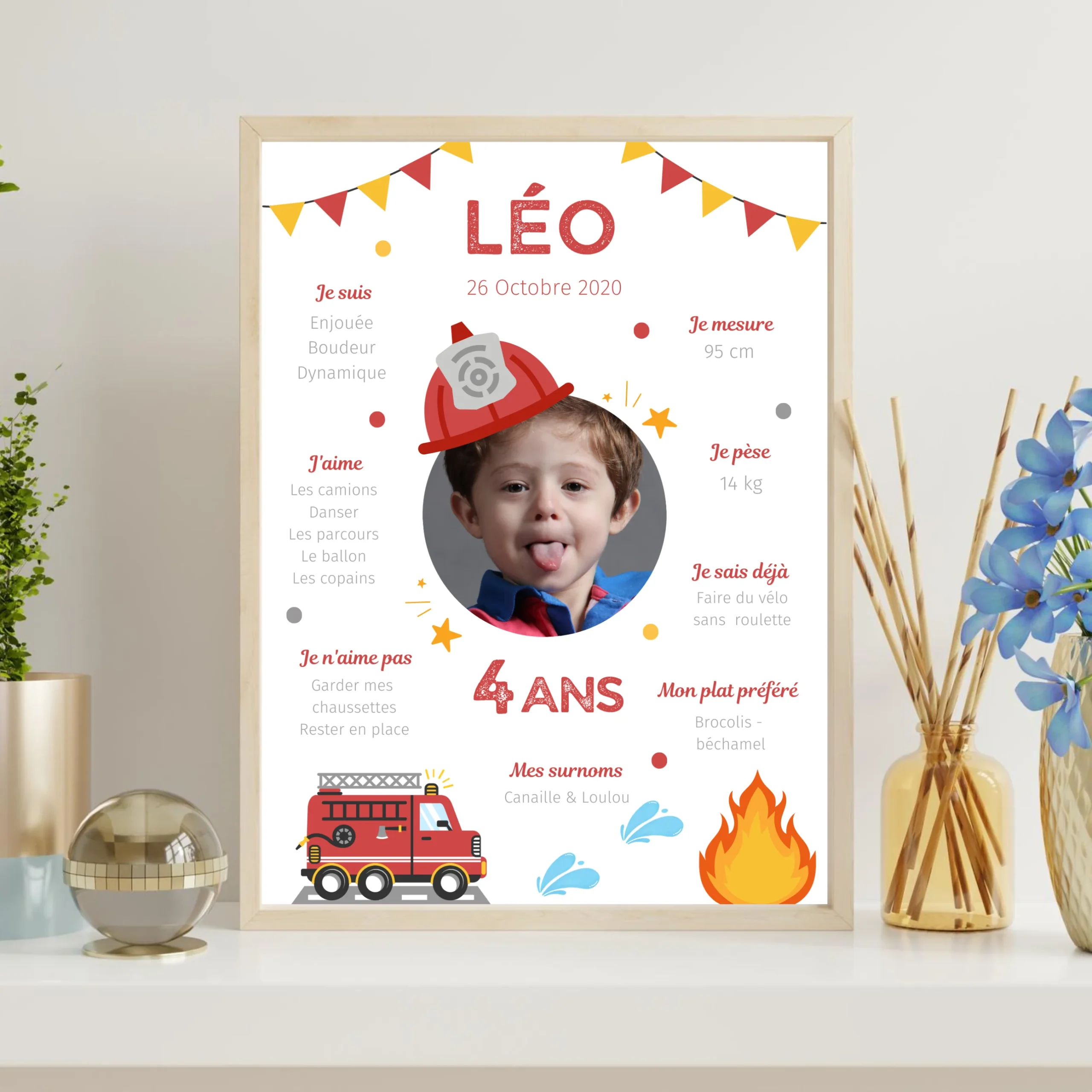 Affiche d'anniversaire personnalisée sur le thème Pompier - Cadeau Unique et Original