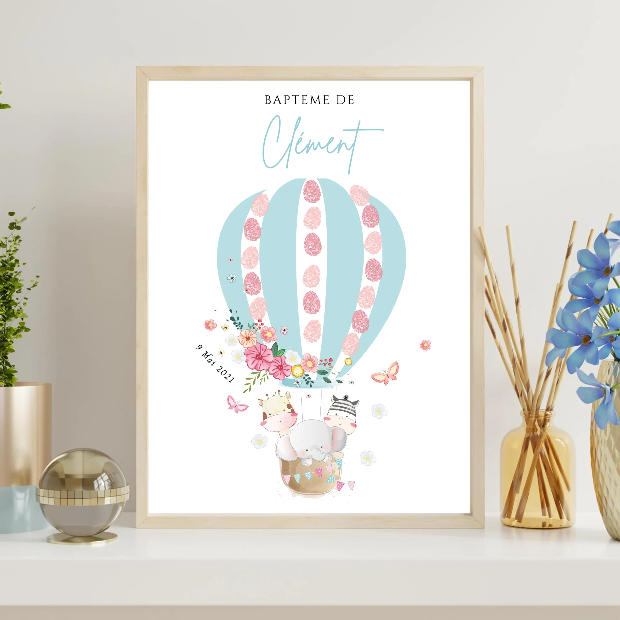 Affiche arbre à empreintes montgolfière et animaux - Déco baptême anniversaire personnalisée par le Temps des Paillettes