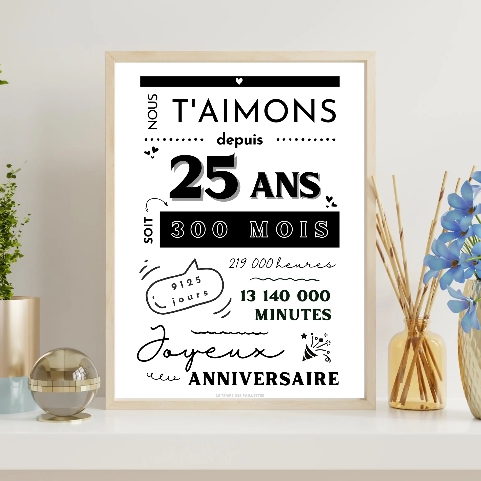 Affiche 25 ans - Carte 25ème anniversaire - Décoration de fête d'anniversaire par le Temps des Paillettes