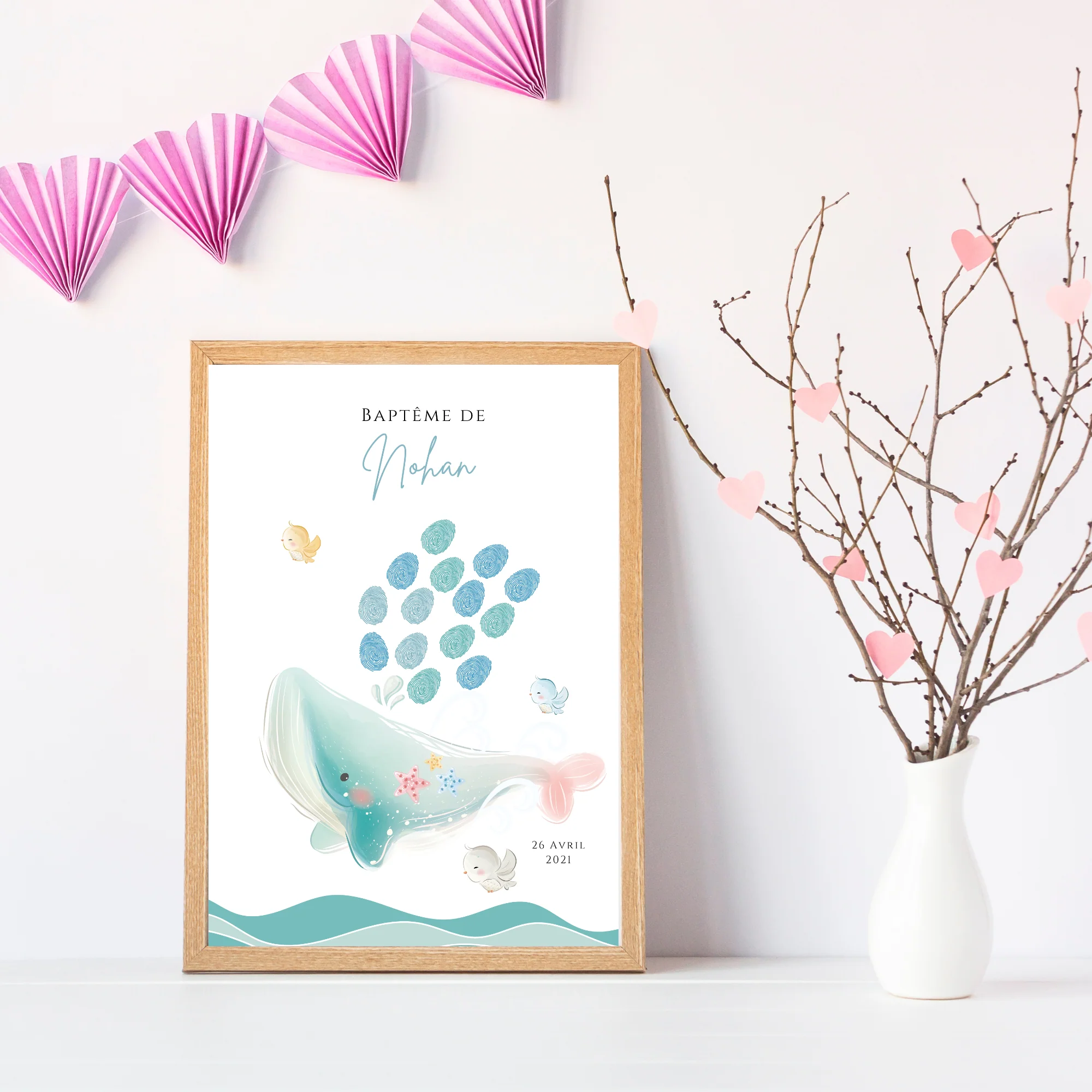 Affiche arbre à empreintes baleine - Déco anniversaire baptême personnalisée garçon bleu par le Temps des Paillettes – Image 2