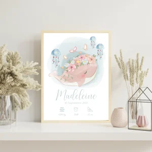 Affiche de naissance personnalisée prénom et baleine - Cadeau de naissance personnalisé par Le Temps des Paillettes