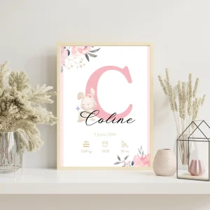 Affiche de naissance personnalisée prénom initiale lapin et roses - Cadeau de naissance personnalisé par Le Temps des Paillettes