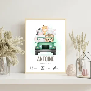 Affiche enfant safari - Poster animaux de la jungle - Cadeau de naissance personnalisé par Le Temps des Paillettes