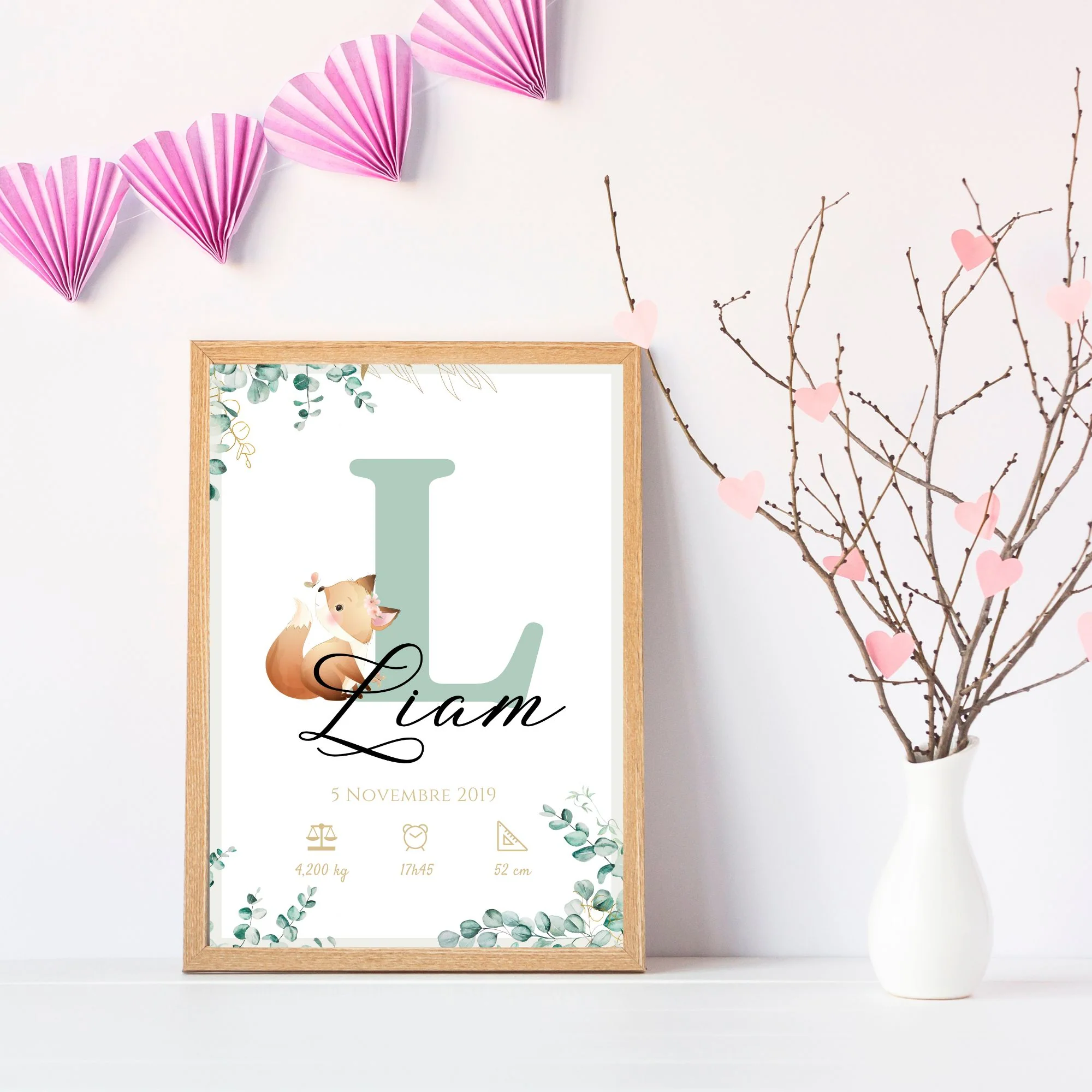 Affiche de naissance personnalisée prénom initiale eucalyptus et renard - Cadeau de naissance personnalisé par Le Temps des Paillettes – Image 4
