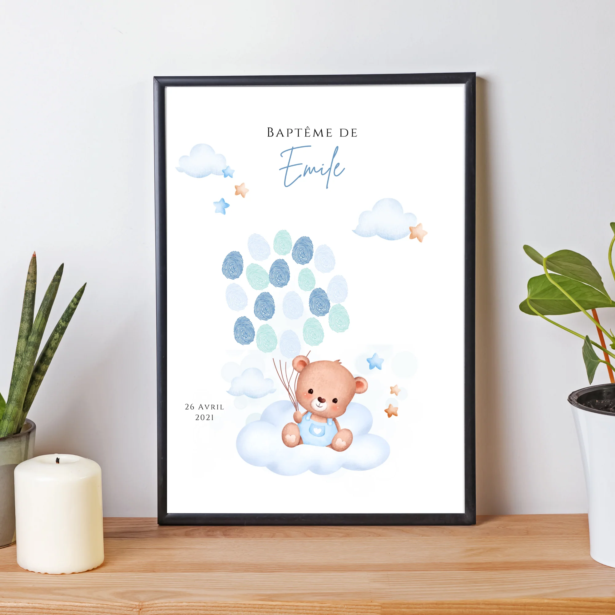 Affiche arbre à empreintes ours bleu et ballon - Déco anniversaire baptême personnalisée garçon bleu par le Temps des Paillettes – Image 4