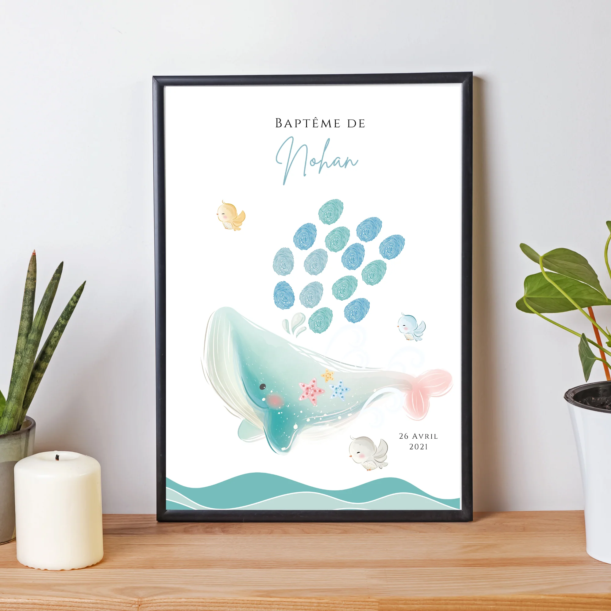 Affiche arbre à empreintes baleine - Déco anniversaire baptême personnalisée garçon bleu par le Temps des Paillettes – Image 4