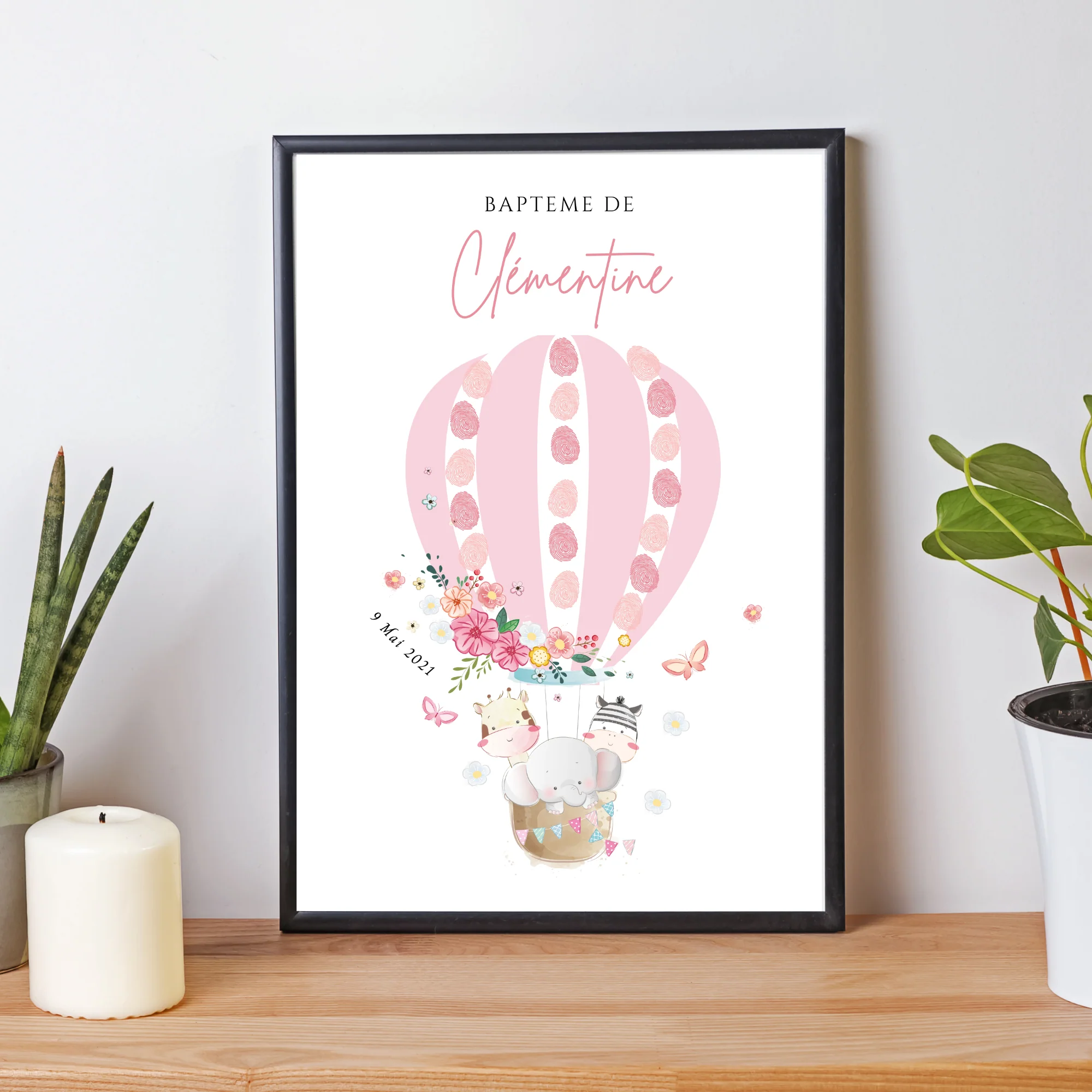 Affiche arbre à empreintes montgolfière et animaux - Déco baptême anniversaire personnalisée par le Temps des Paillettes – Image 4