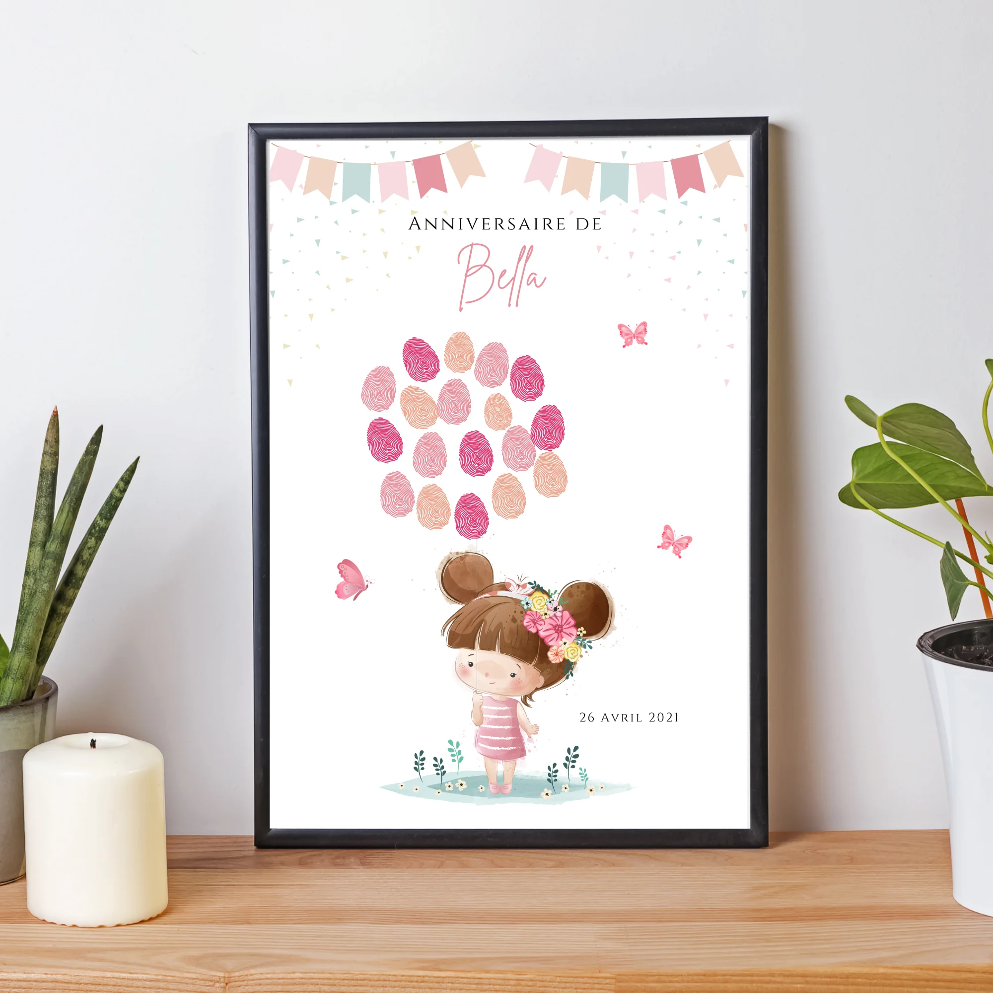 Affiche arbre à empreintes montgolfière et animaux - Déco anniversaire personnalisée fille rose par le Temps des Paillettes – Image 4
