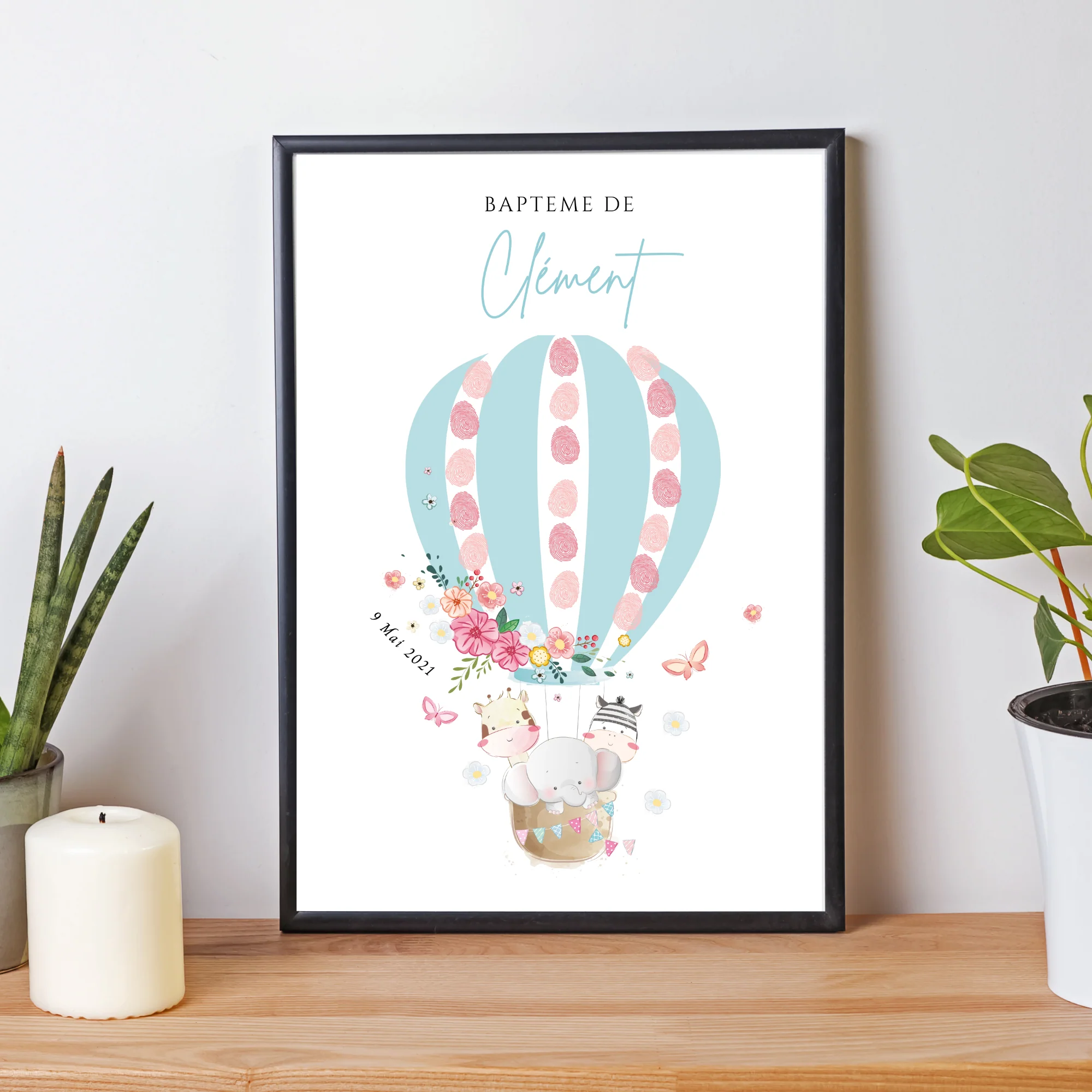Affiche arbre à empreintes montgolfière et animaux - Déco baptême anniversaire personnalisée par le Temps des Paillettes – Image 4