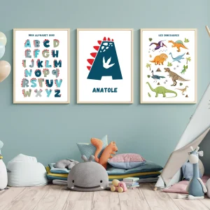 Set affiche enfant dinosaures personnalisé - Affiche chambre de garçon personnalisé - décoration dinosaure par Le Temps des Paillettes