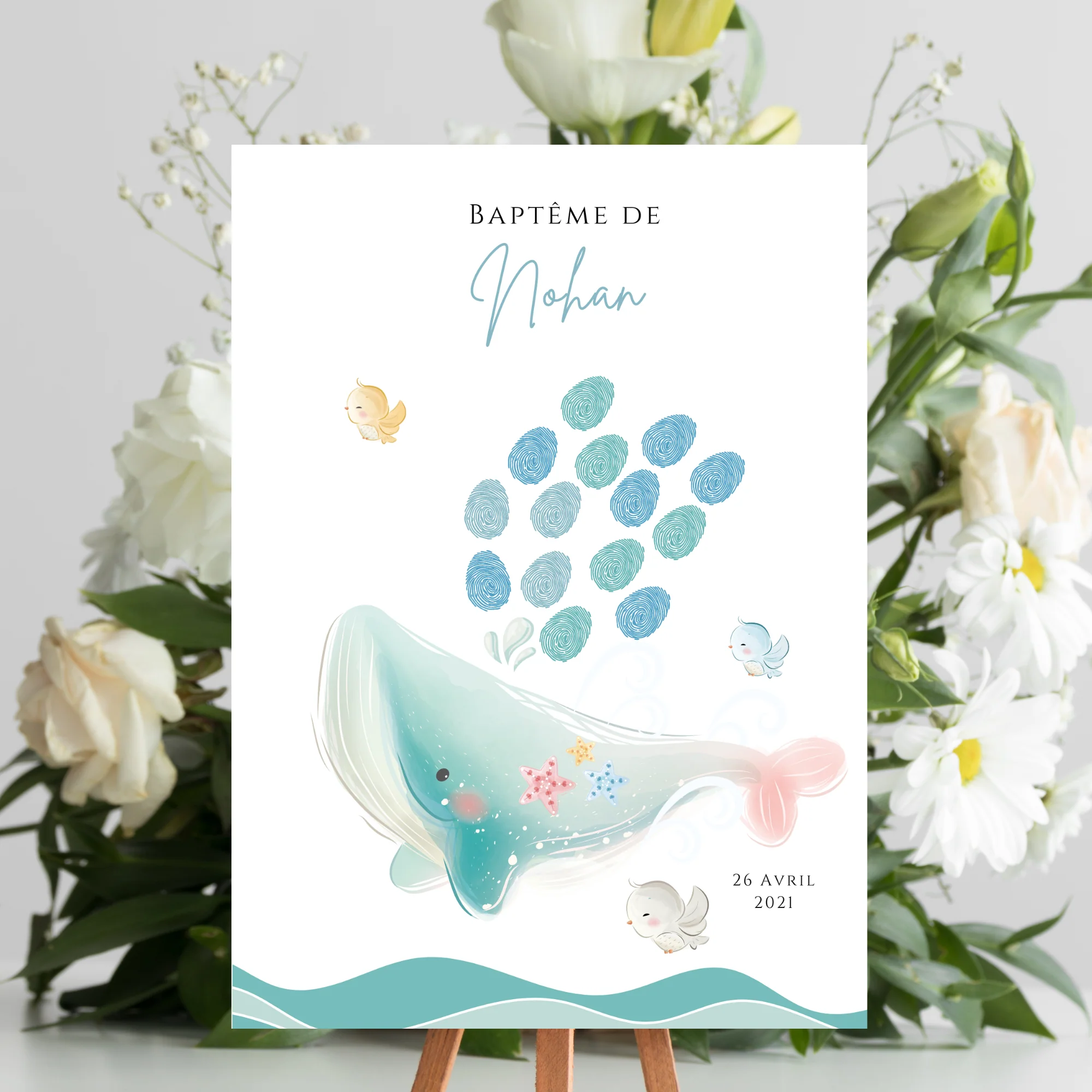 Affiche arbre à empreintes baleine - Déco anniversaire baptême personnalisée garçon bleu par le Temps des Paillettes – Image 5