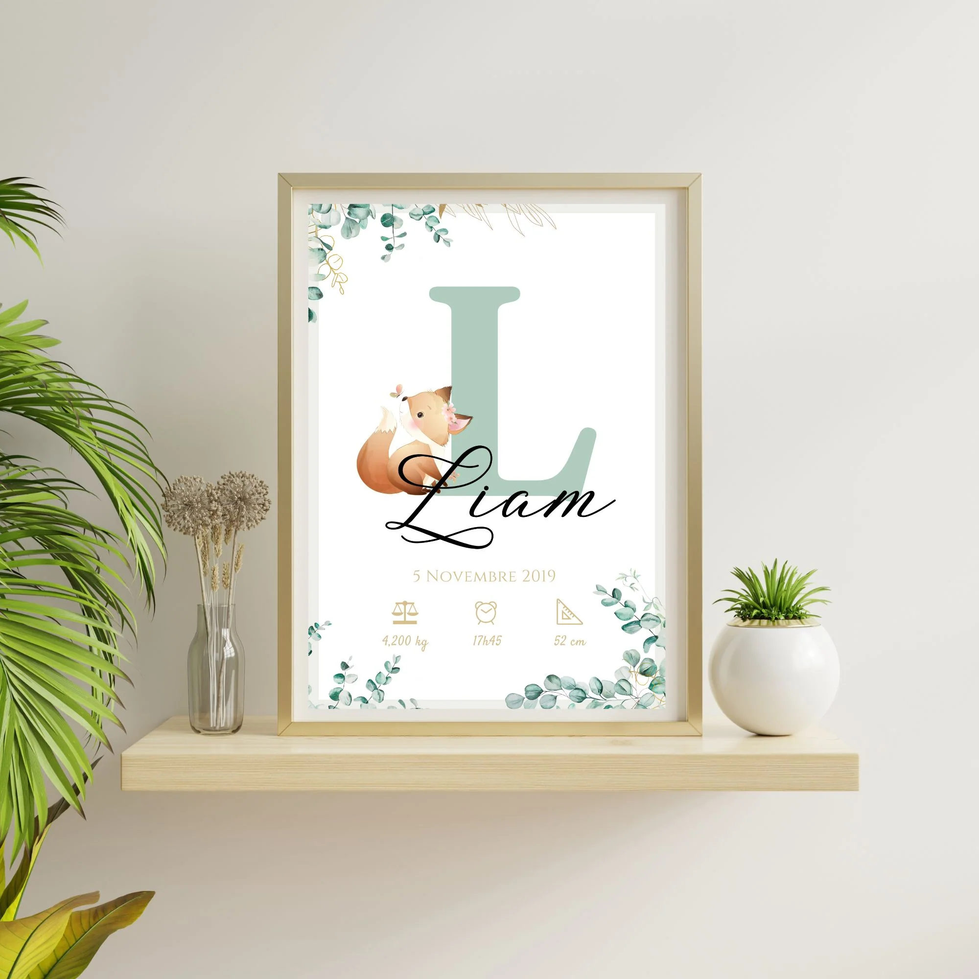 Affiche de naissance personnalisée prénom initiale eucalyptus et renard - Cadeau de naissance personnalisé par Le Temps des Paillettes – Image 6