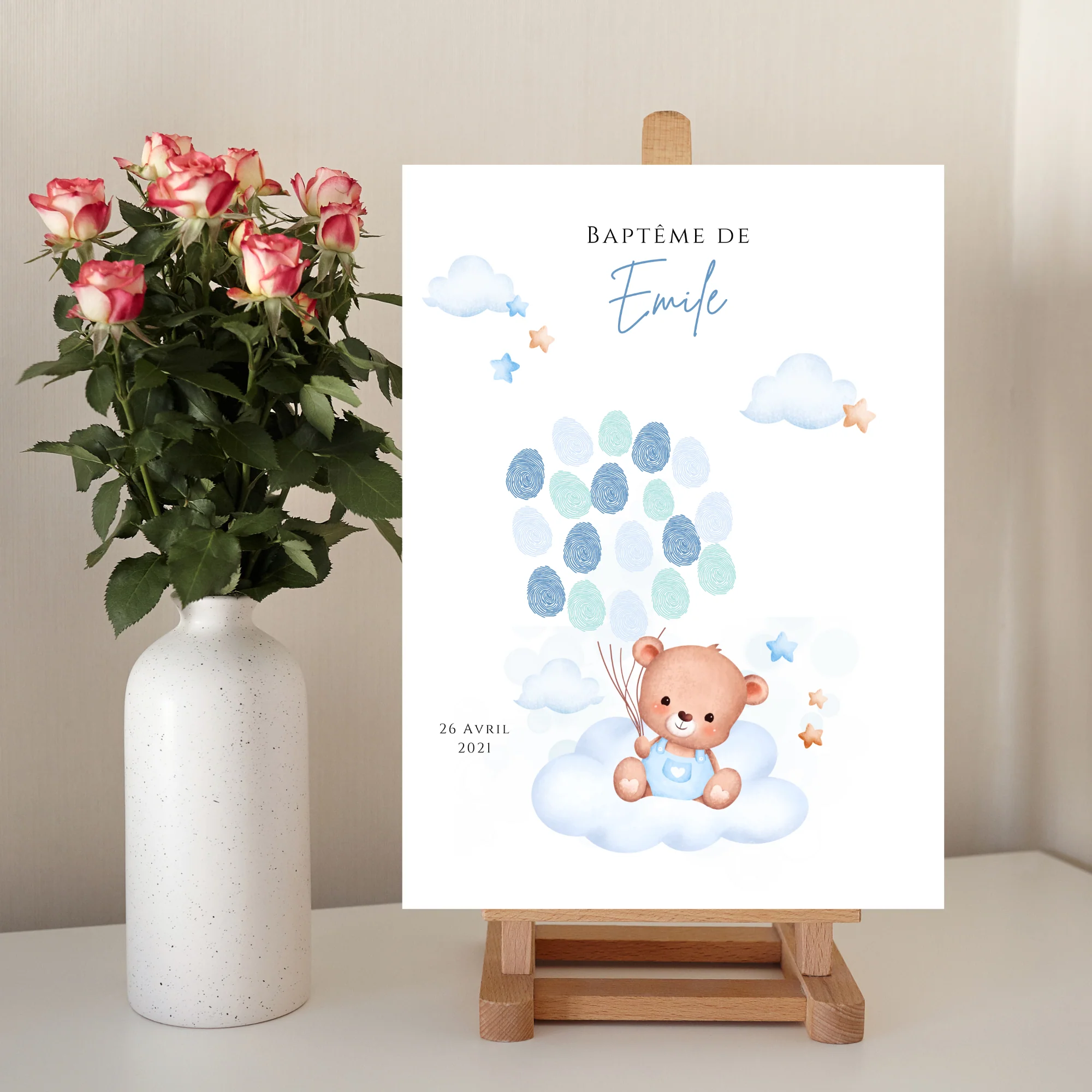 Affiche arbre à empreintes ours bleu et ballon - Déco anniversaire baptême personnalisée garçon bleu par le Temps des Paillettes – Image 6