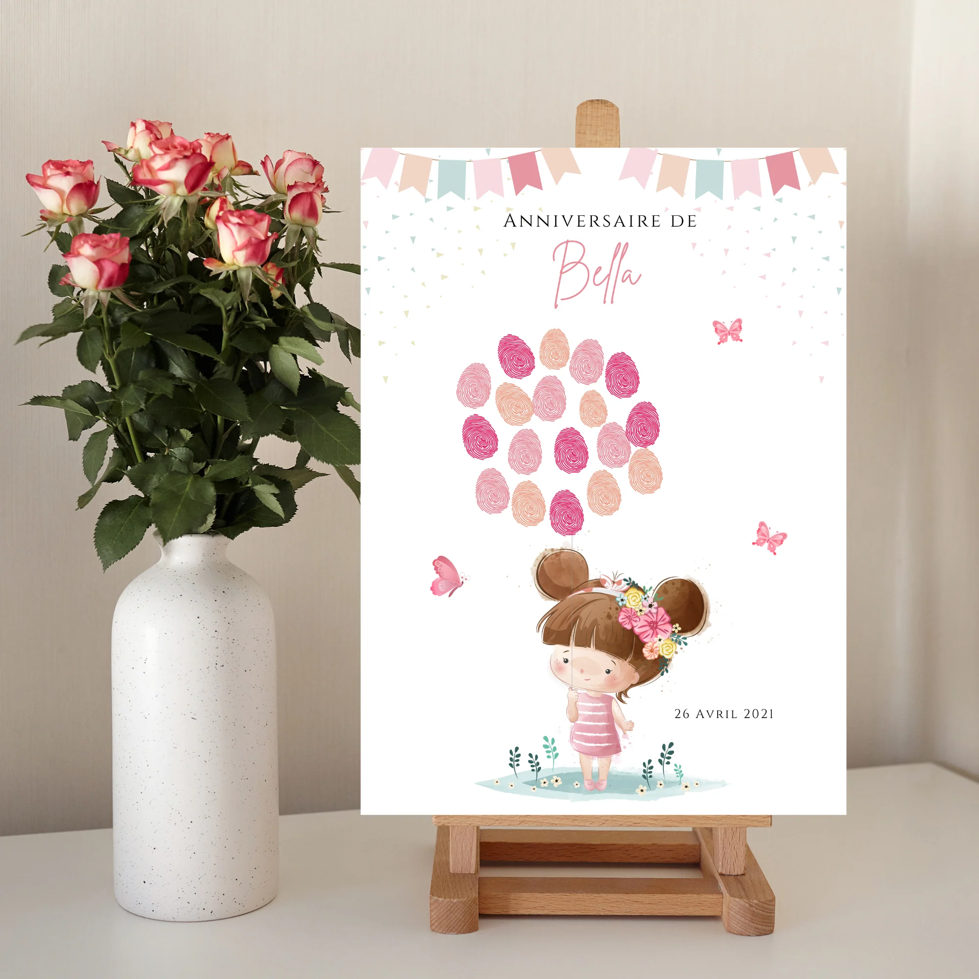 Affiche arbre à empreintes montgolfière et animaux - Déco anniversaire personnalisée fille rose par le Temps des Paillettes – Image 6