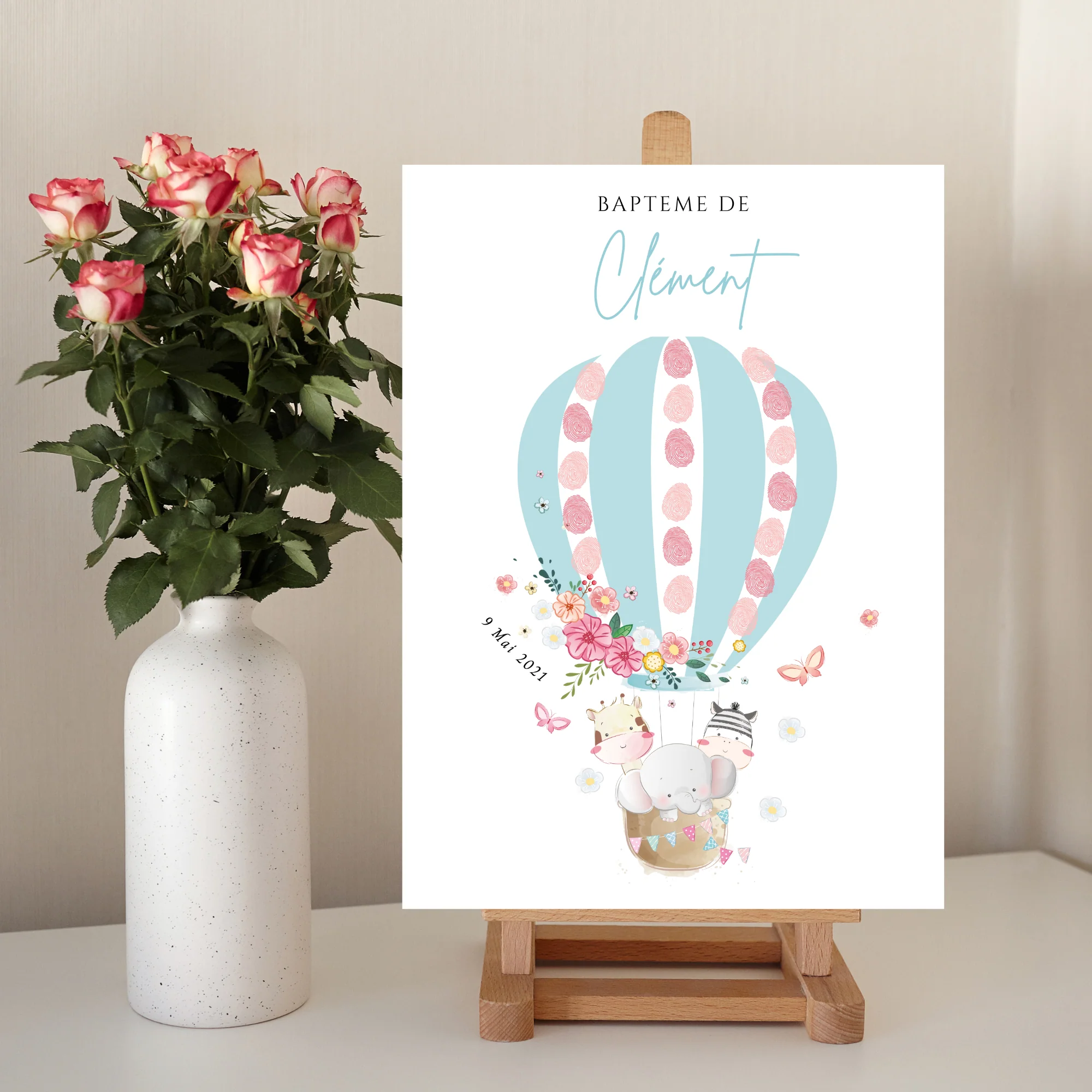 Affiche arbre à empreintes montgolfière et animaux - Déco baptême anniversaire personnalisée par le Temps des Paillettes – Image 6