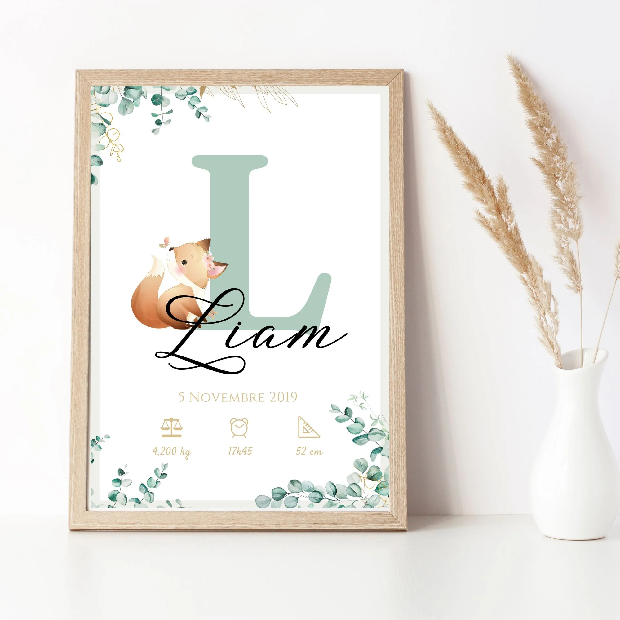 Affiche de naissance personnalisée prénom initiale eucalyptus et renard - Cadeau de naissance personnalisé par Le Temps des Paillettes – Image 7