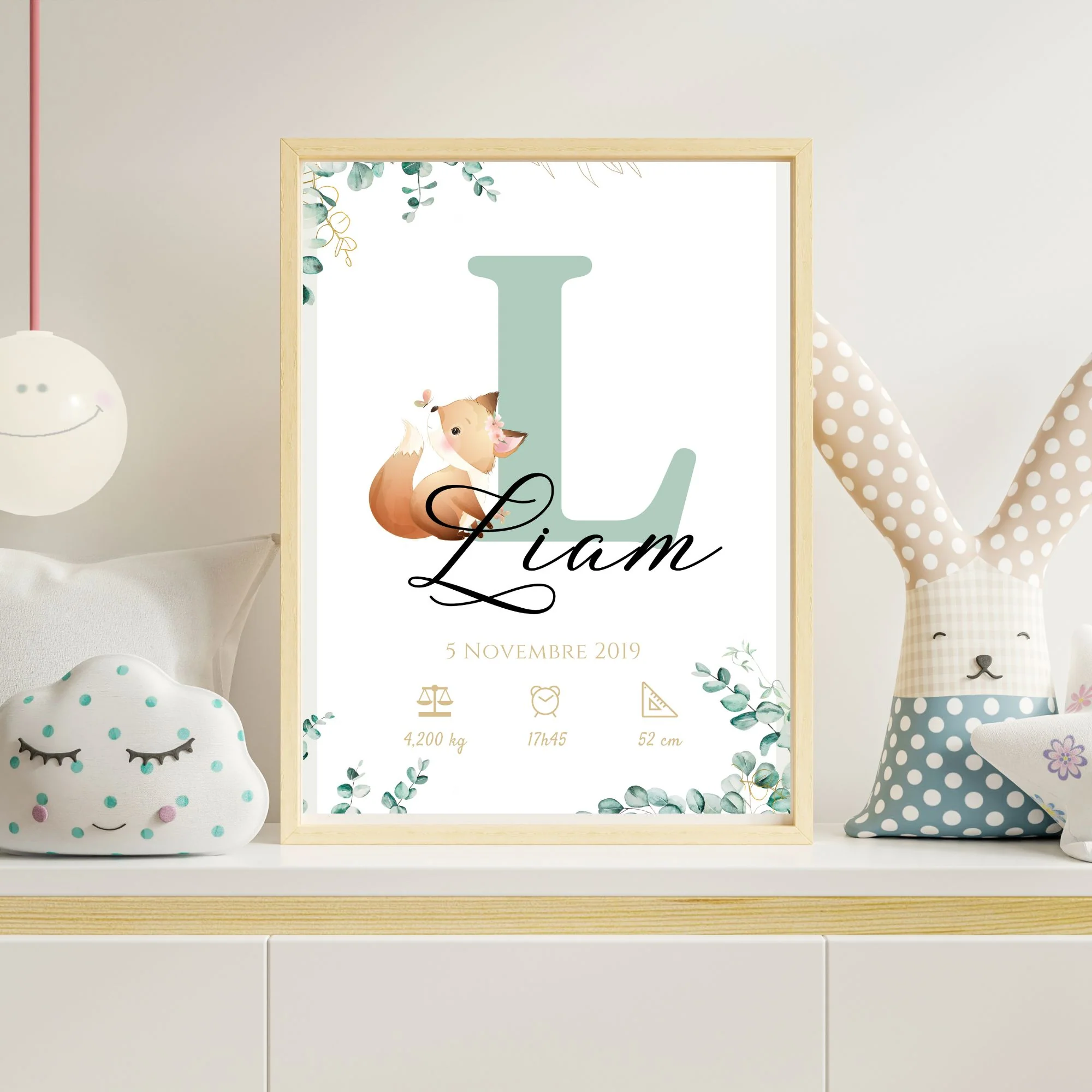 Affiche de naissance personnalisée prénom initiale eucalyptus et renard - Cadeau de naissance personnalisé par Le Temps des Paillettes – Image 8