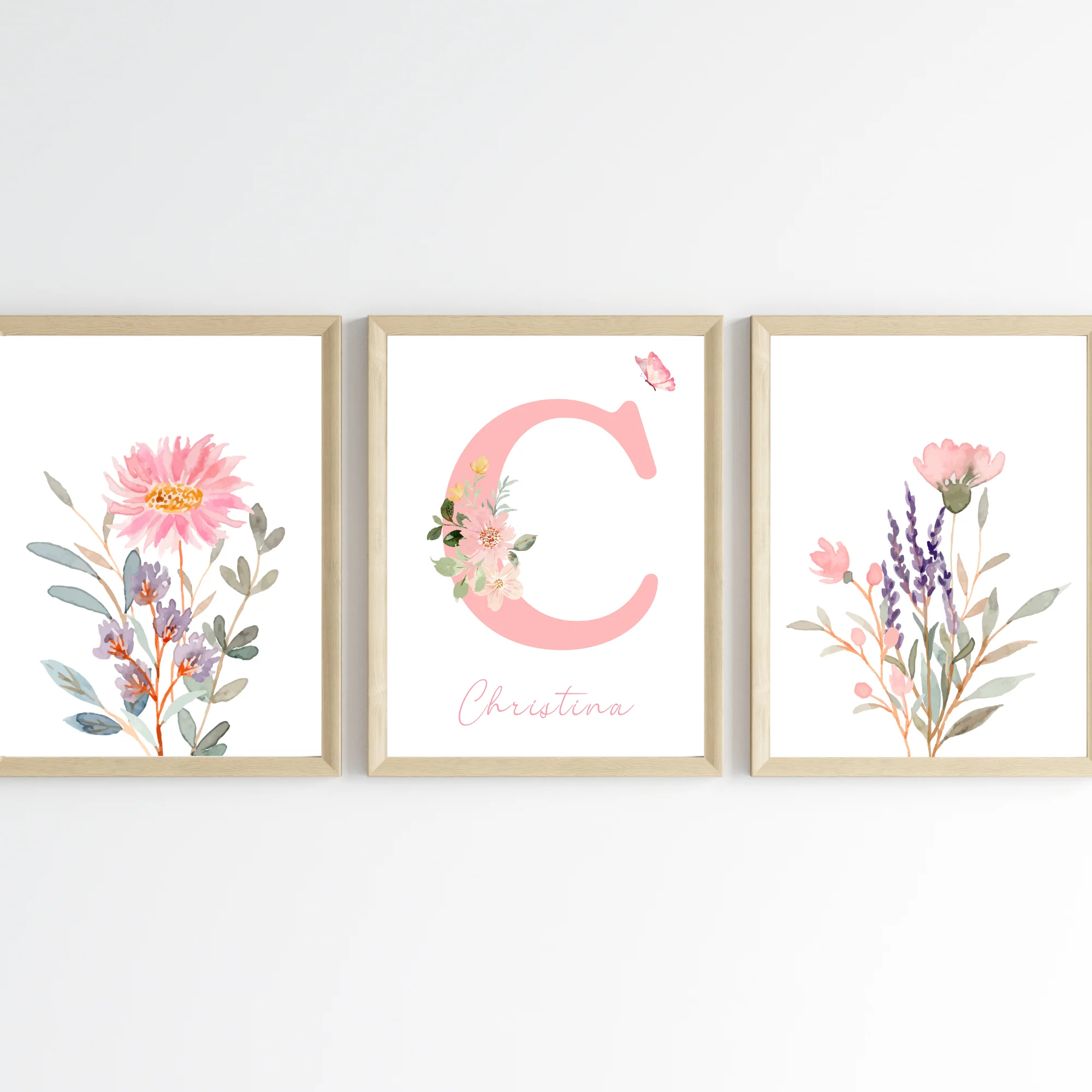 Set de 3 affiches fleurs chambre d'enfant - Décoration fille avec prénom - Initiale et bouquet de fleurs par Le Temps des Paillettes – Image 4