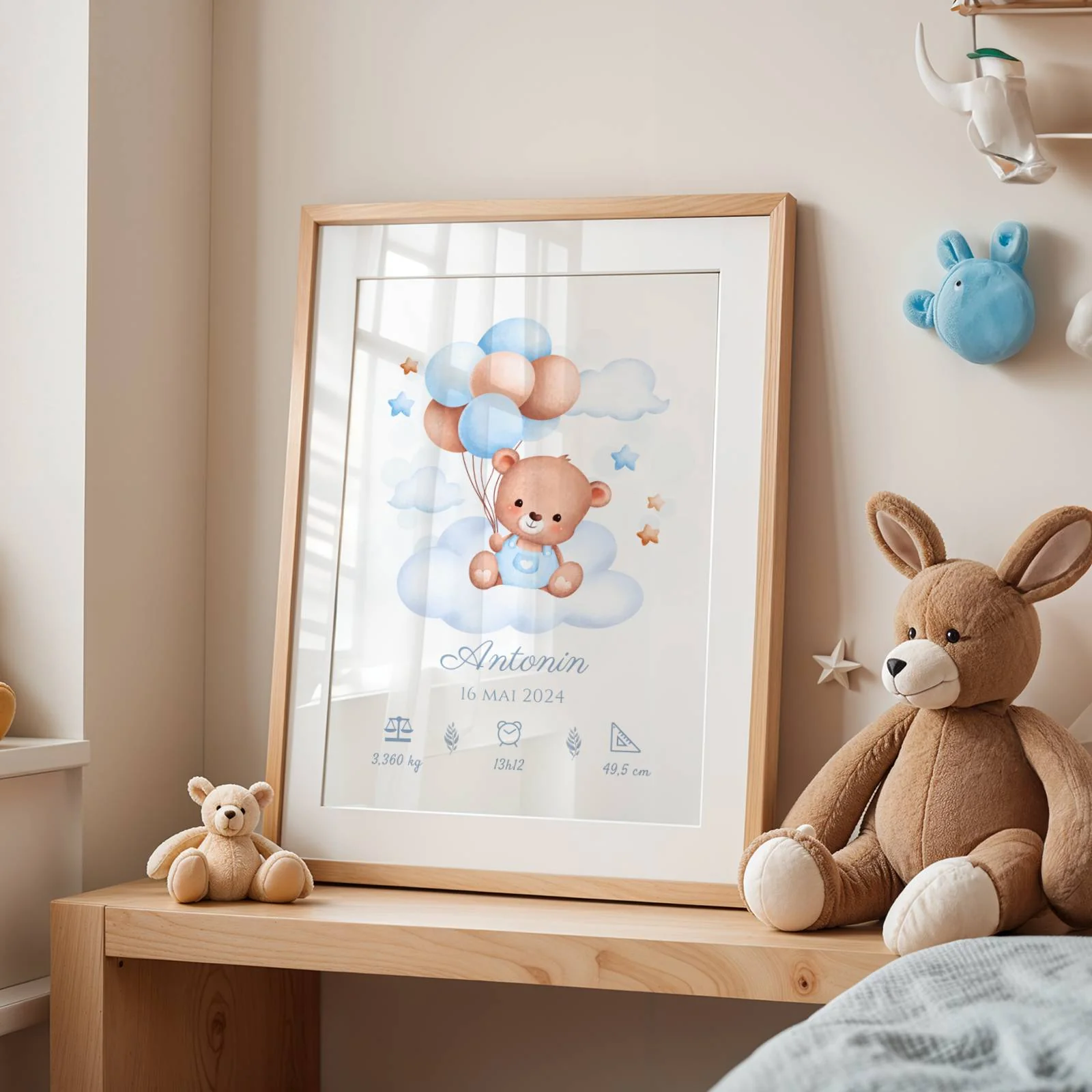Affiche de naissance ours et ballons garçon- Décoration chambre bébé personnalisé bleu – Image 5
