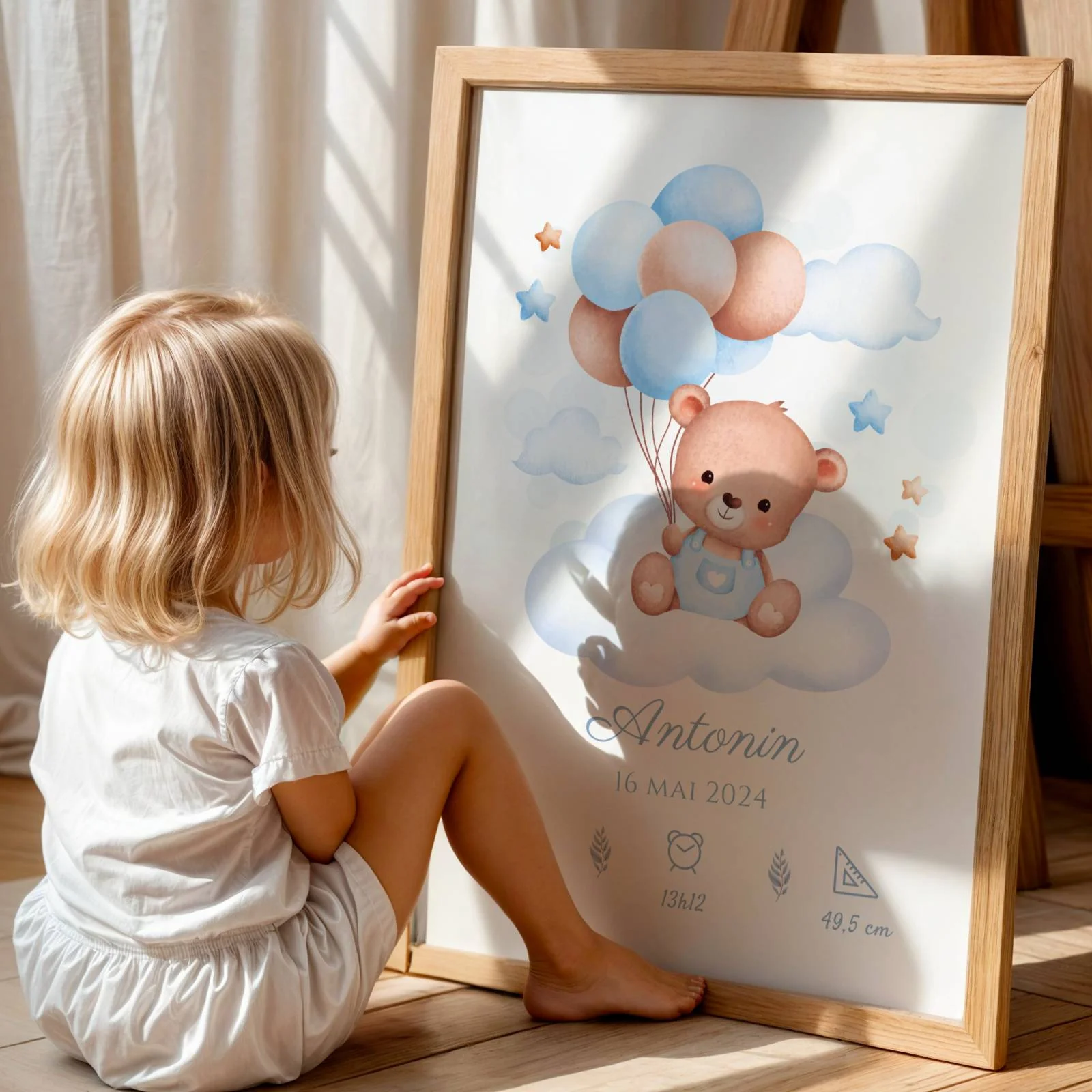 Affiche de naissance ours et ballons garçon- Décoration chambre bébé personnalisé bleu – Image 4