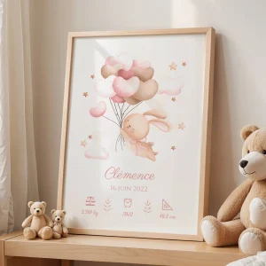 Affiche de naissance lapin  - Décoration chambre bébé personnalisé