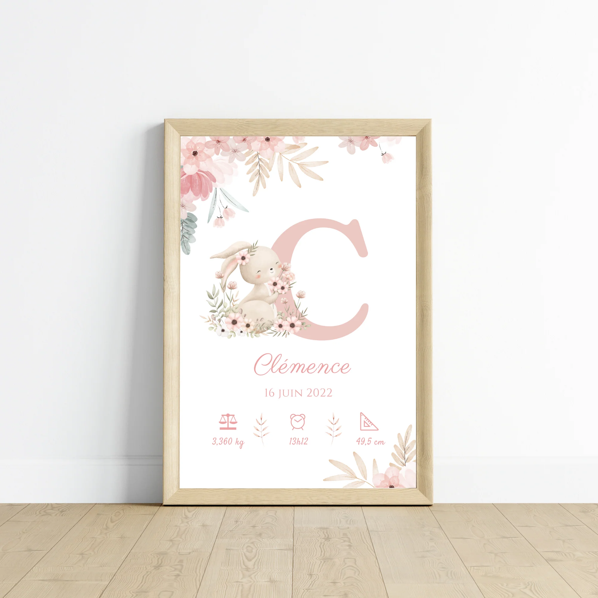 Affiche de naissance lapin - Cadeau de naissance personnalisé