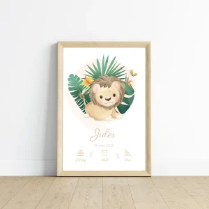 Affiche de naissance lion tropical - Cadeau de naissance personnalisé