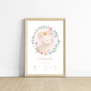 Affiche de naissance lapin - Cadeau de naissance personnalisé