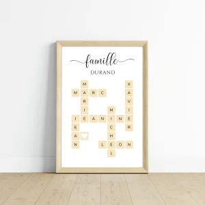 Affiche famille pèle mêle - affiche prénoms Scrabble cadeau personnalisée famille recomposée par Le Temps des Paillettes