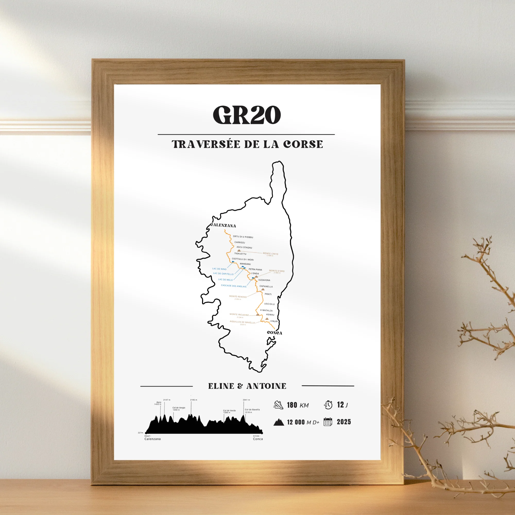 Affiche GR20 personnalisable – Souvenir de randonnée en Corse - Noir et blanc