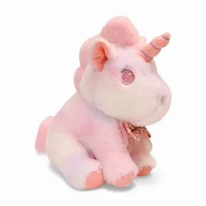Peluche licorne pastel pour enfant avec nœud fleuri