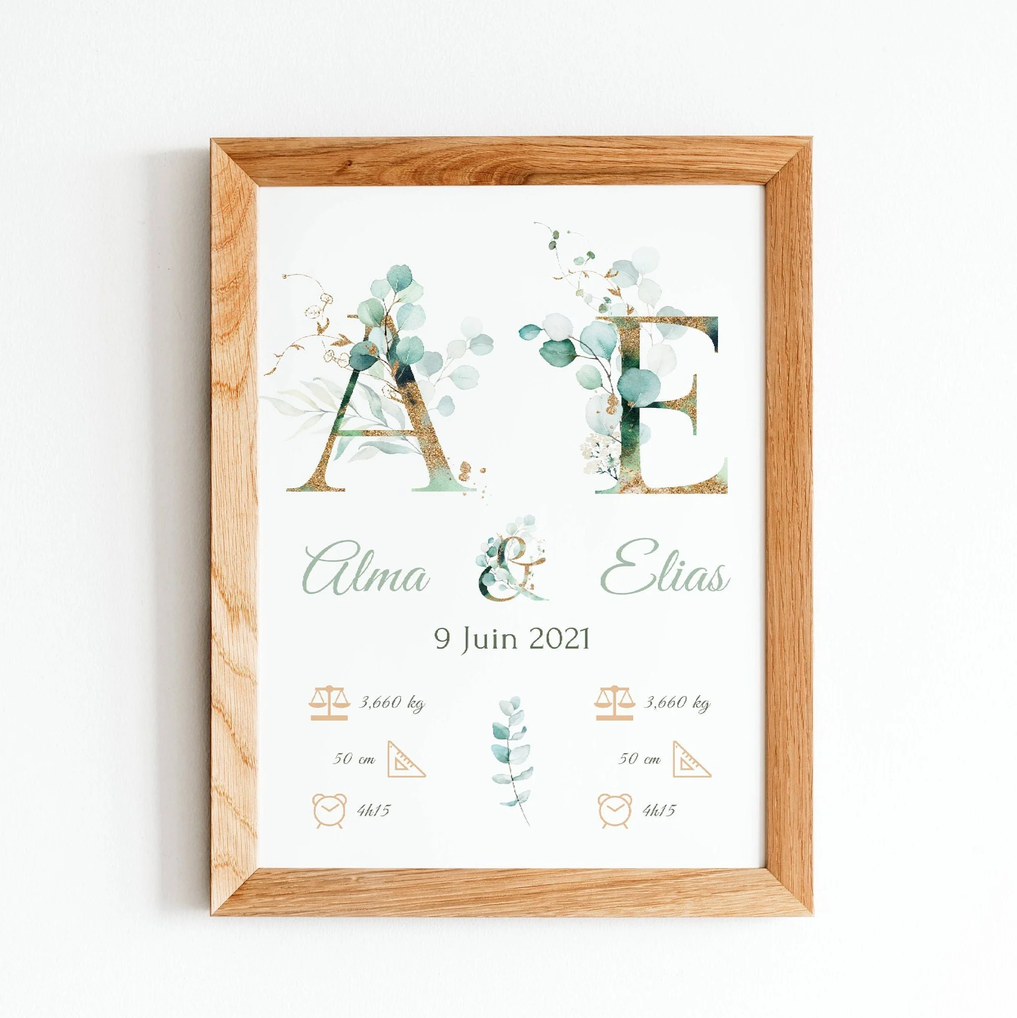 Affiche naissance jumeaux - affiche pour jumeaux - affiche personnalisée prénom initiale eucalyptus par Le Temps des Paillettes – Image 3