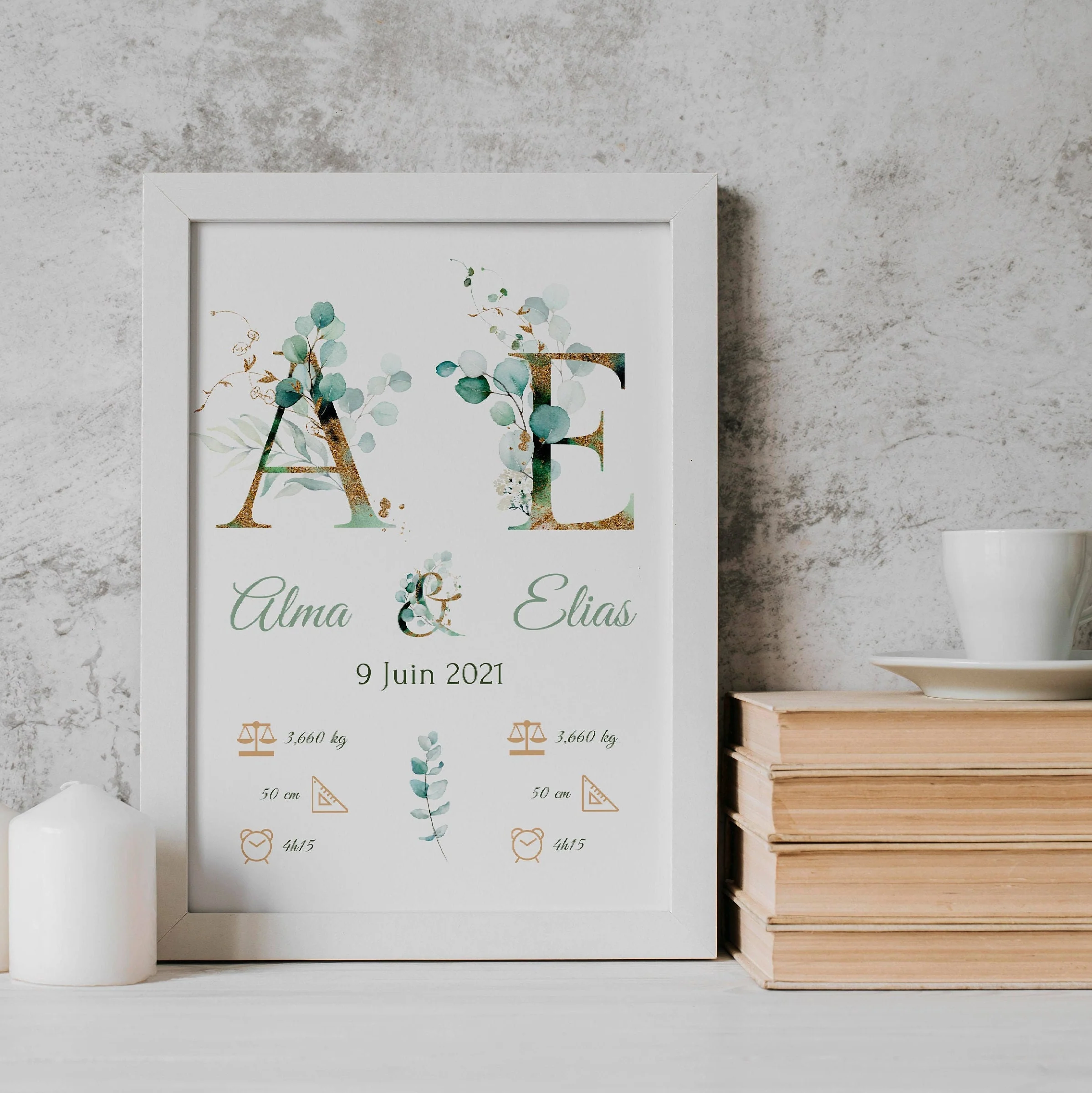 Affiche naissance jumeaux - affiche pour jumeaux - affiche personnalisée prénom initiale eucalyptus par Le Temps des Paillettes – Image 4
