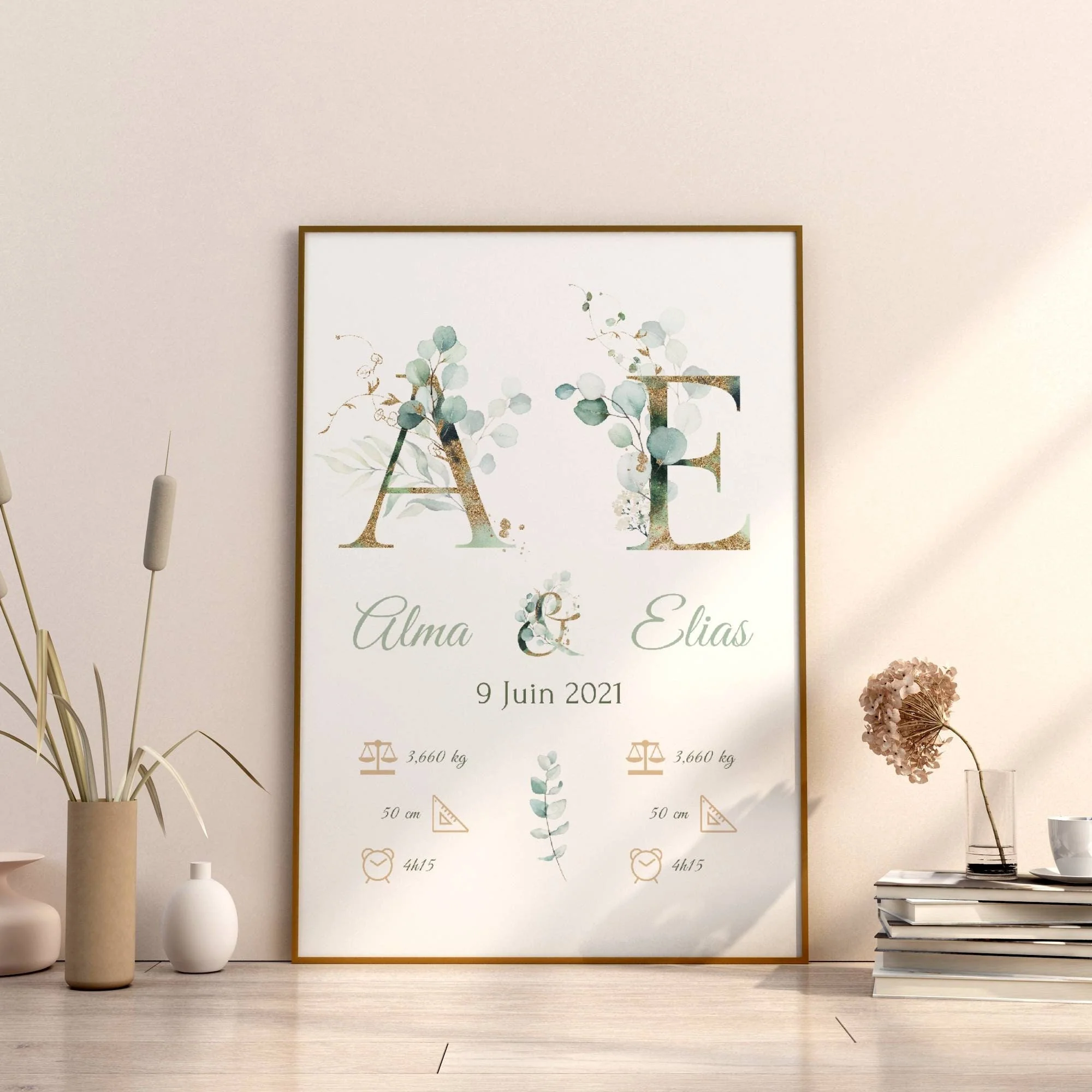 Affiche naissance jumeaux - affiche pour jumeaux - affiche personnalisée prénom initiale eucalyptus par Le Temps des Paillettes – Image 9