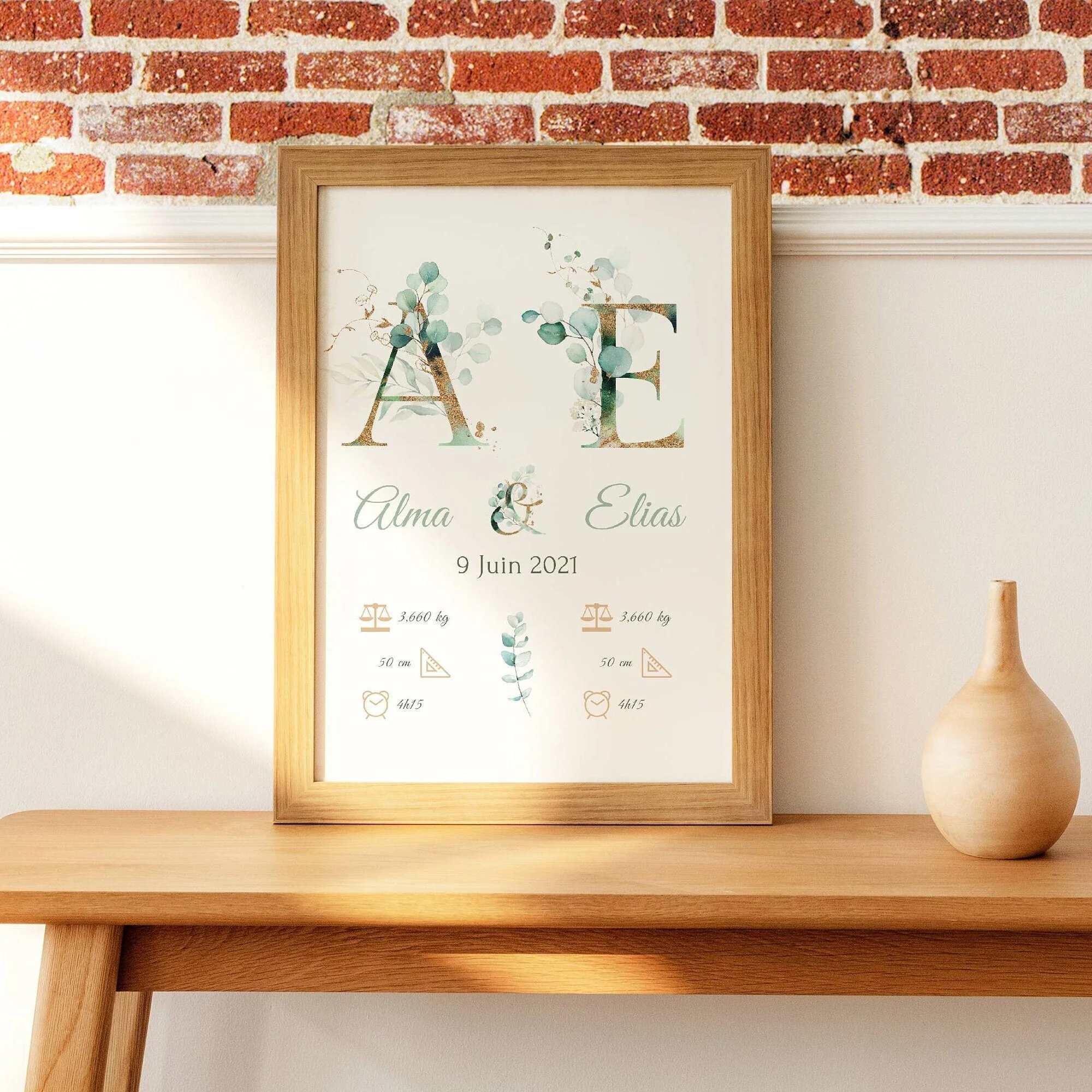 Affiche naissance jumeaux - affiche pour jumeaux - affiche personnalisée prénom initiale eucalyptus par Le Temps des Paillettes