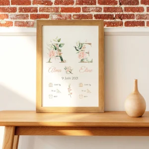 Affiche jumeaux personnalisée  - affiche de naissance jumeaux - affiche enfant fleurs roses  par Le Temps des Paillettes