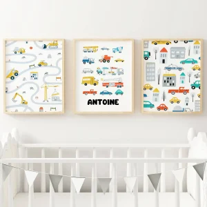 affiche enfant véhicules personnalisé - engins de chantier & route - poster bébé voitures par Le Temps des Paillettes