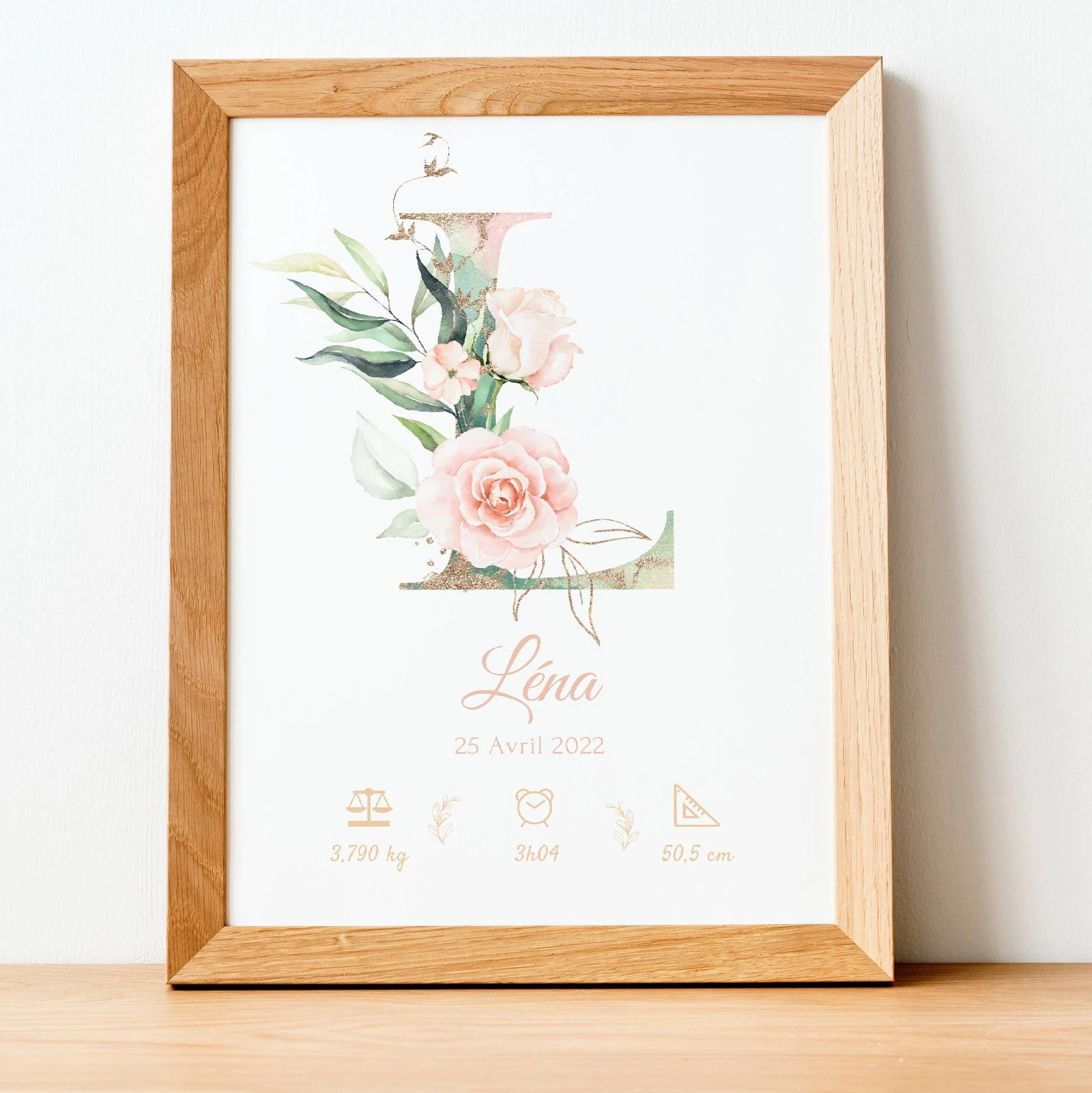 Affiche de naissance personnalisée prénom et initiale fleurs rose pastel - décoration chambre fille – Image 5