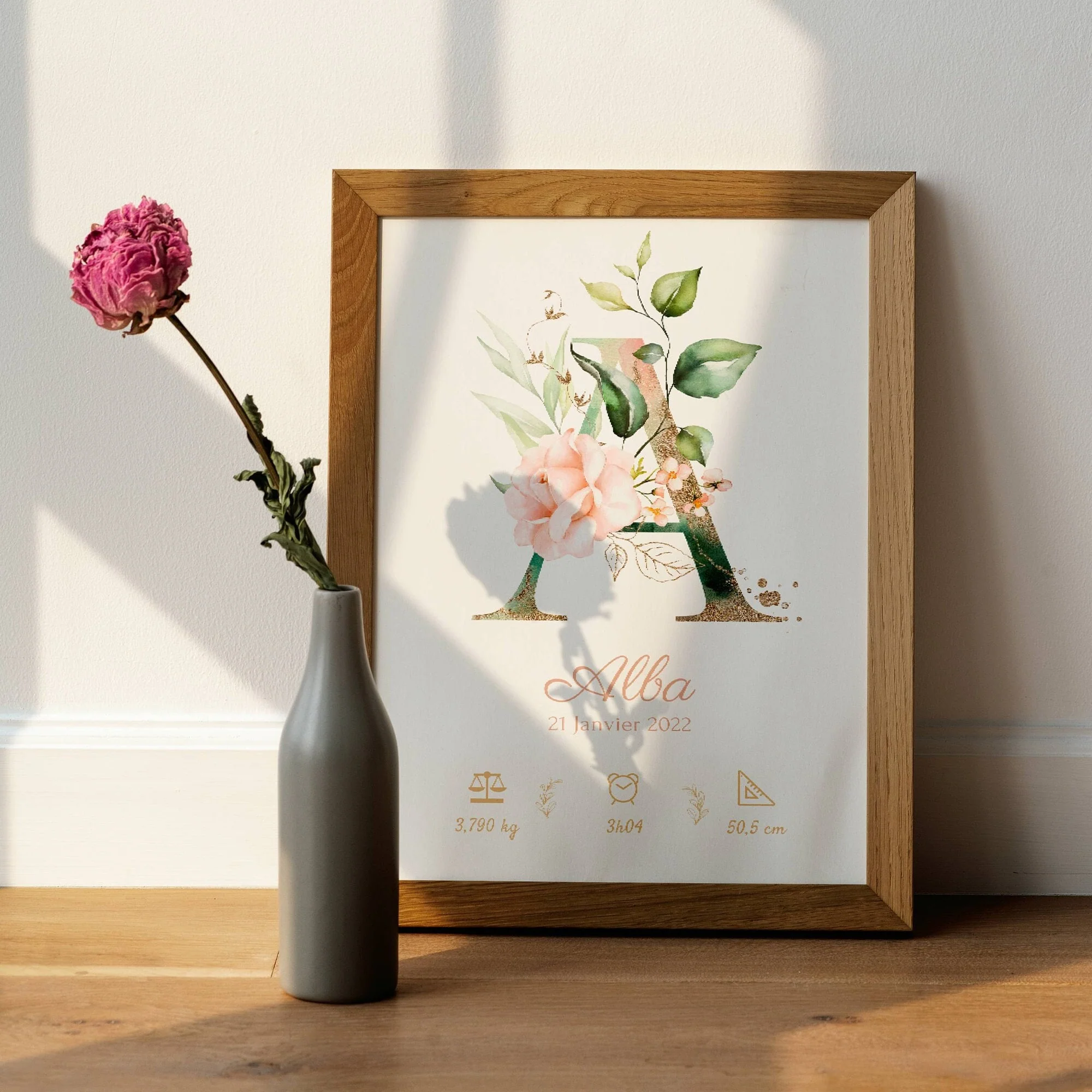 Affiche de naissance personnalisée prénom et initiale fleurs rose pastel - décoration chambre fille – Image 3
