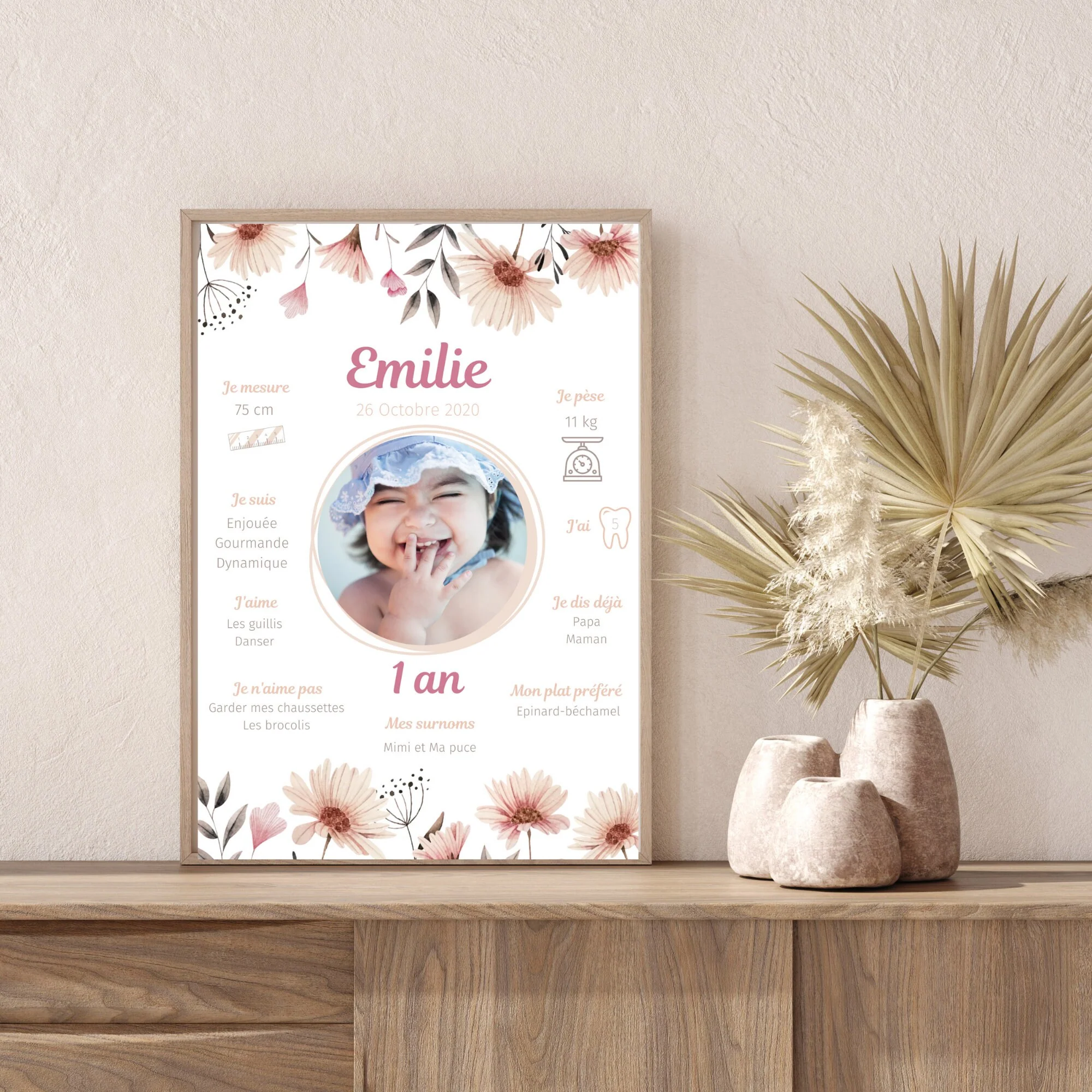 Affiche anniversaire fleurs roses personnalisée - Thème fille bohème par le temps des paillettes – Image 5