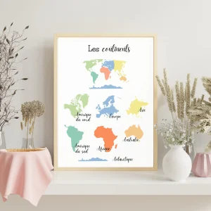 Affiche les continents - Affiches pédagogiques pour chambre enfant ou classe d'école