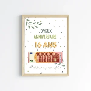 Cadeau argent anniversaire 16 ans, ton premier million, affiche message surprise pour billets à offrir