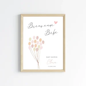 Affiche arbre à empreintes baby shower ballon - Déco anniversaire baptême personnalisée fille rose par le Temps des Paillettes