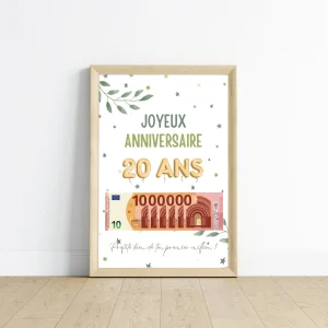 Cadeau argent anniversaire 20 ans, ton premier million, affiche message surprise pour billets à offrir